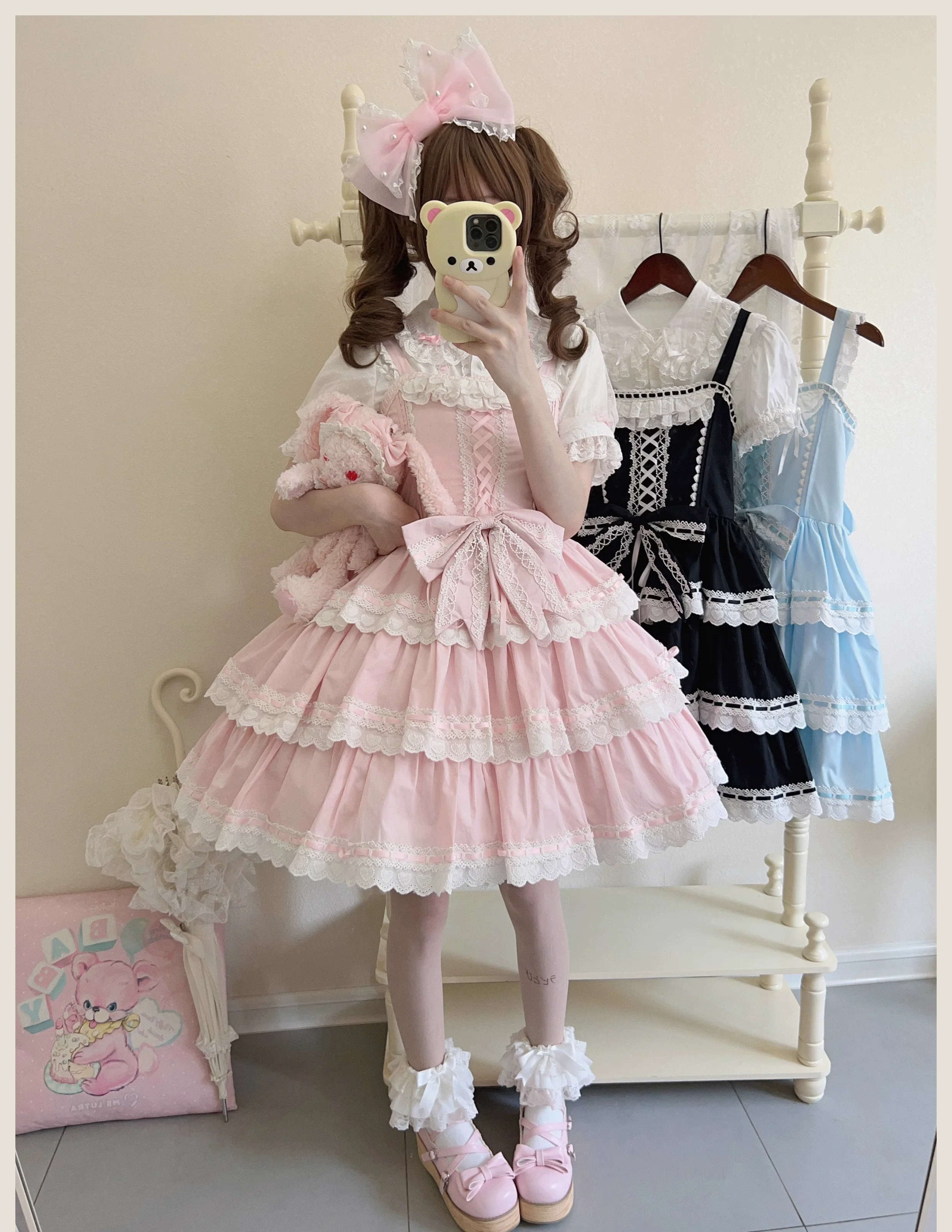 Otome Heart - Cotton Old School Lolita JSK Dress Suit, Heart-Shaped Lace Trim - Image 12