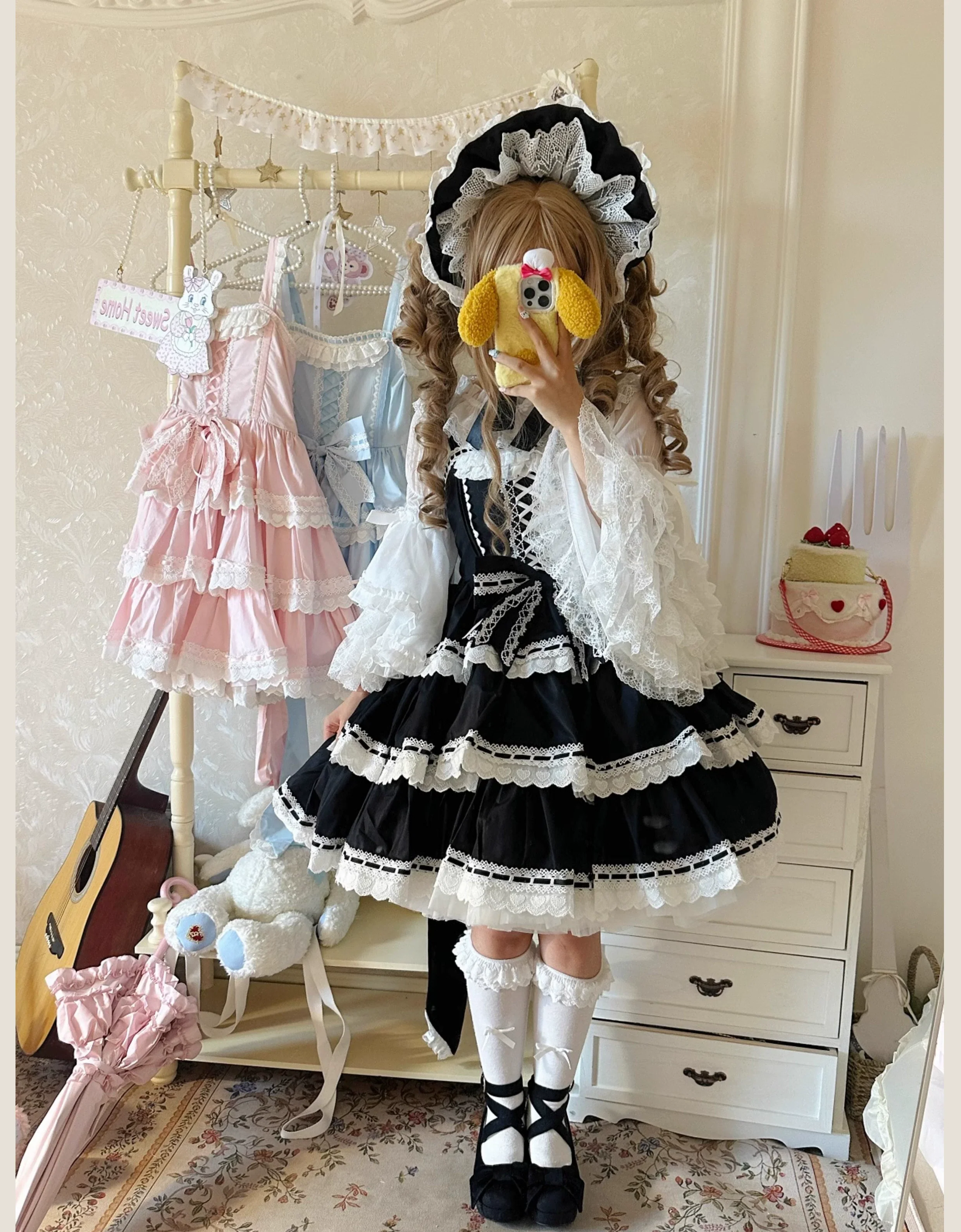Otome Heart - Cotton Old School Lolita JSK Dress Suit, Heart-Shaped Lace Trim - Image 13