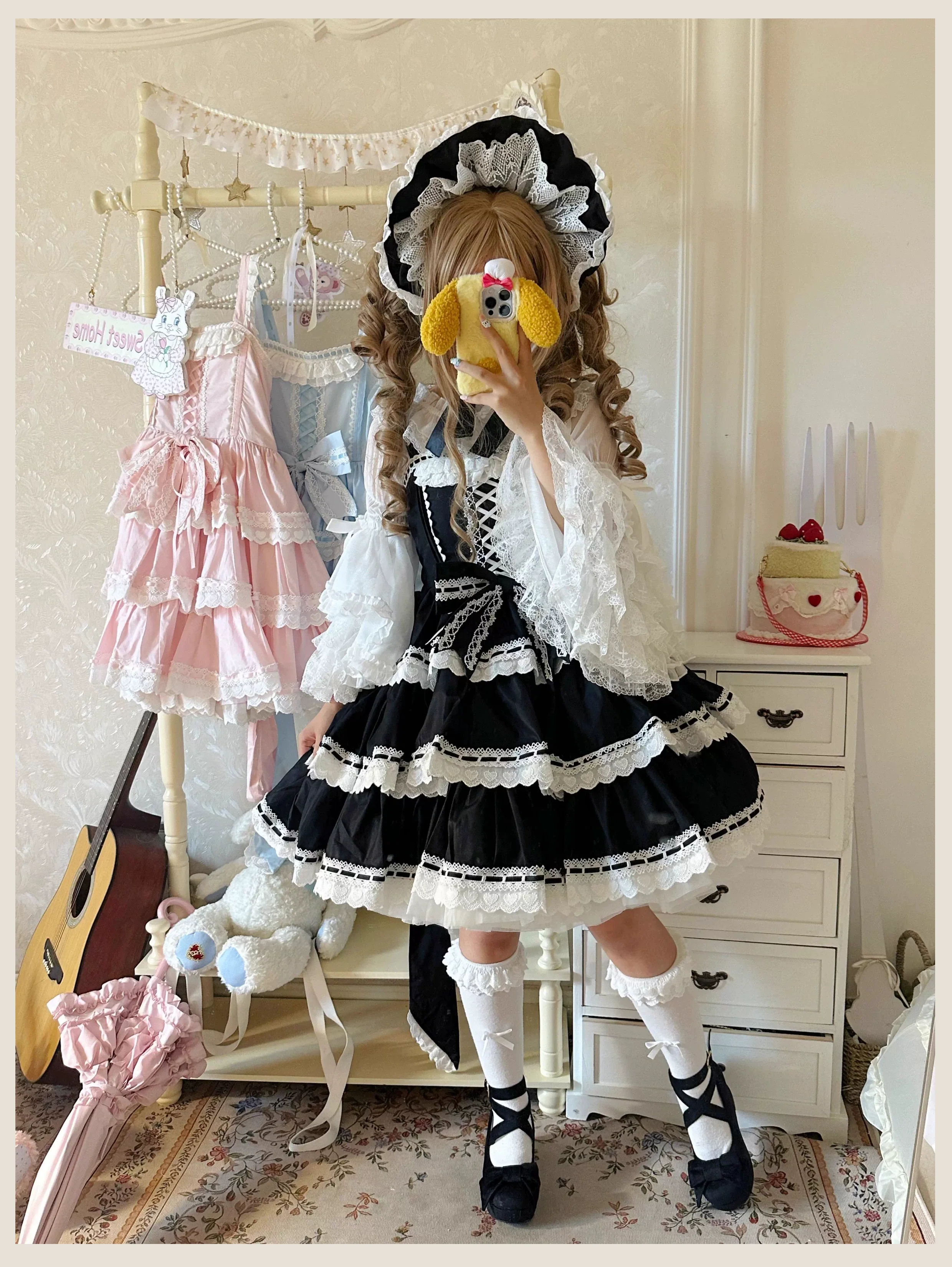 Otome Heart - Cotton Old School Lolita JSK Dress Suit, Heart-Shaped Lace Trim - Image 14