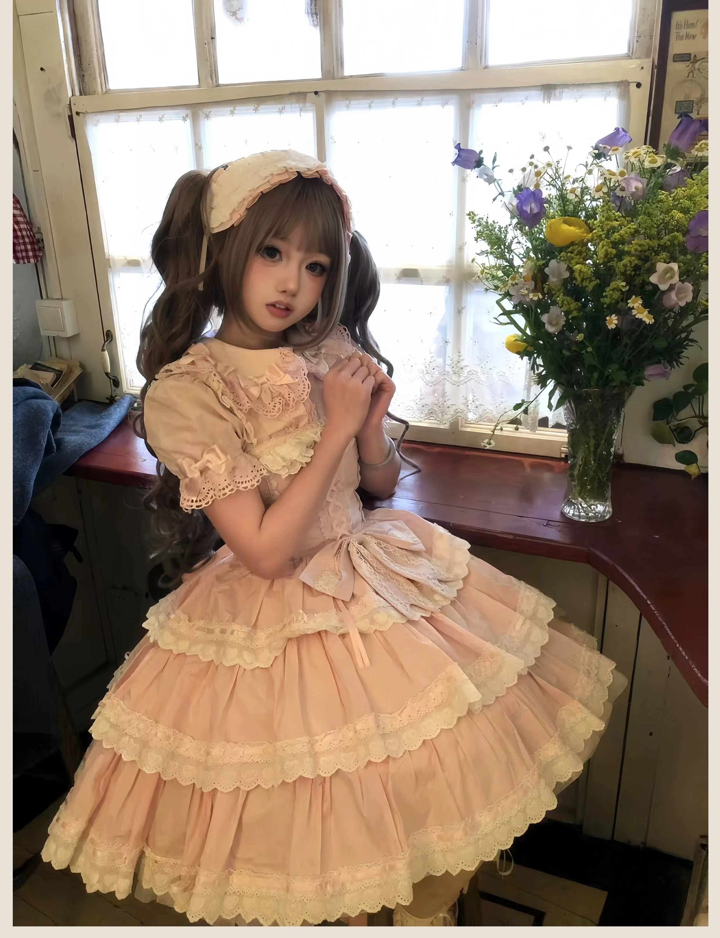 Otome Heart - Cotton Old School Lolita JSK Dress Suit, Heart-Shaped Lace Trim - Image 23
