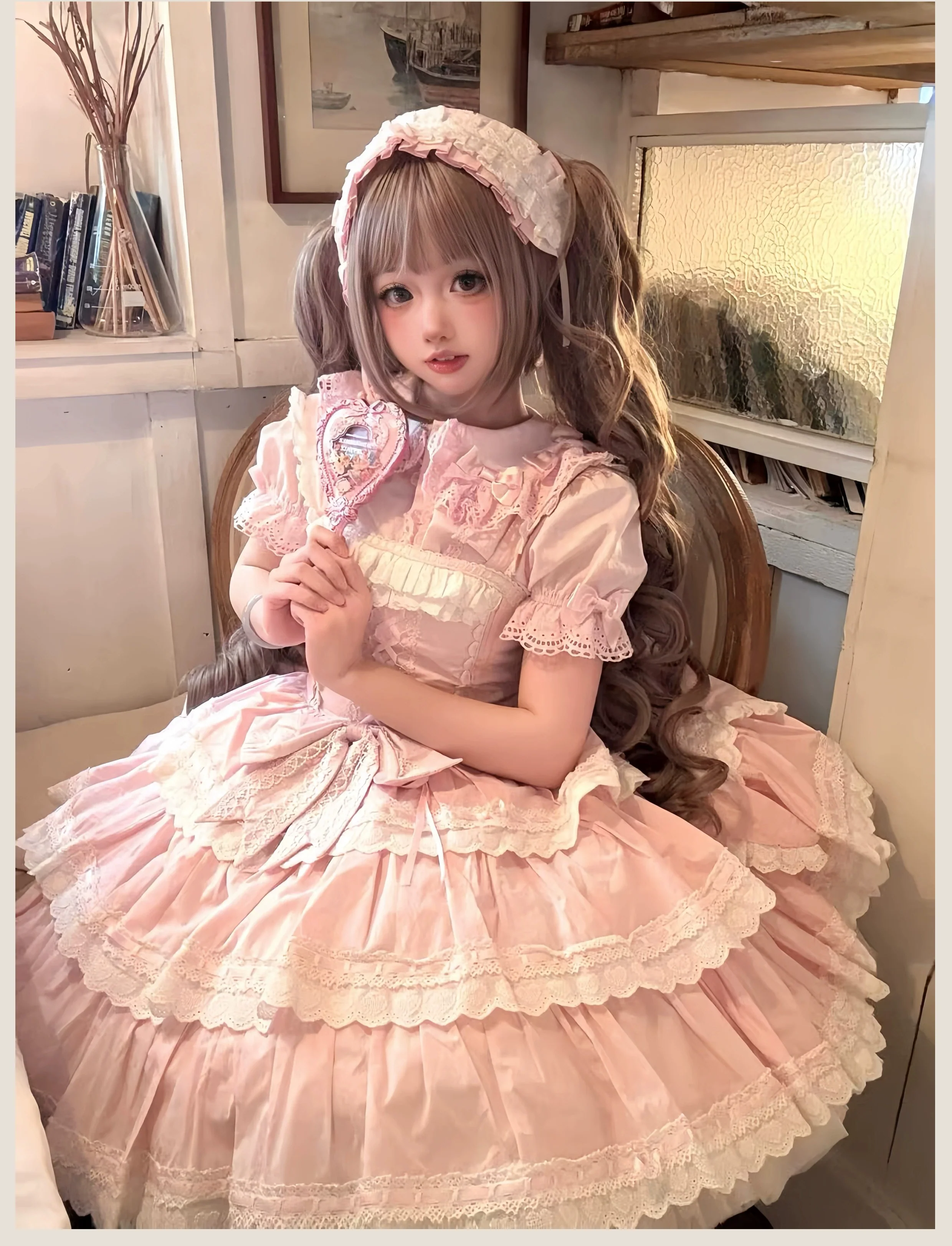 Otome Heart - Cotton Old School Lolita JSK Dress Suit, Heart-Shaped Lace Trim - Image 24