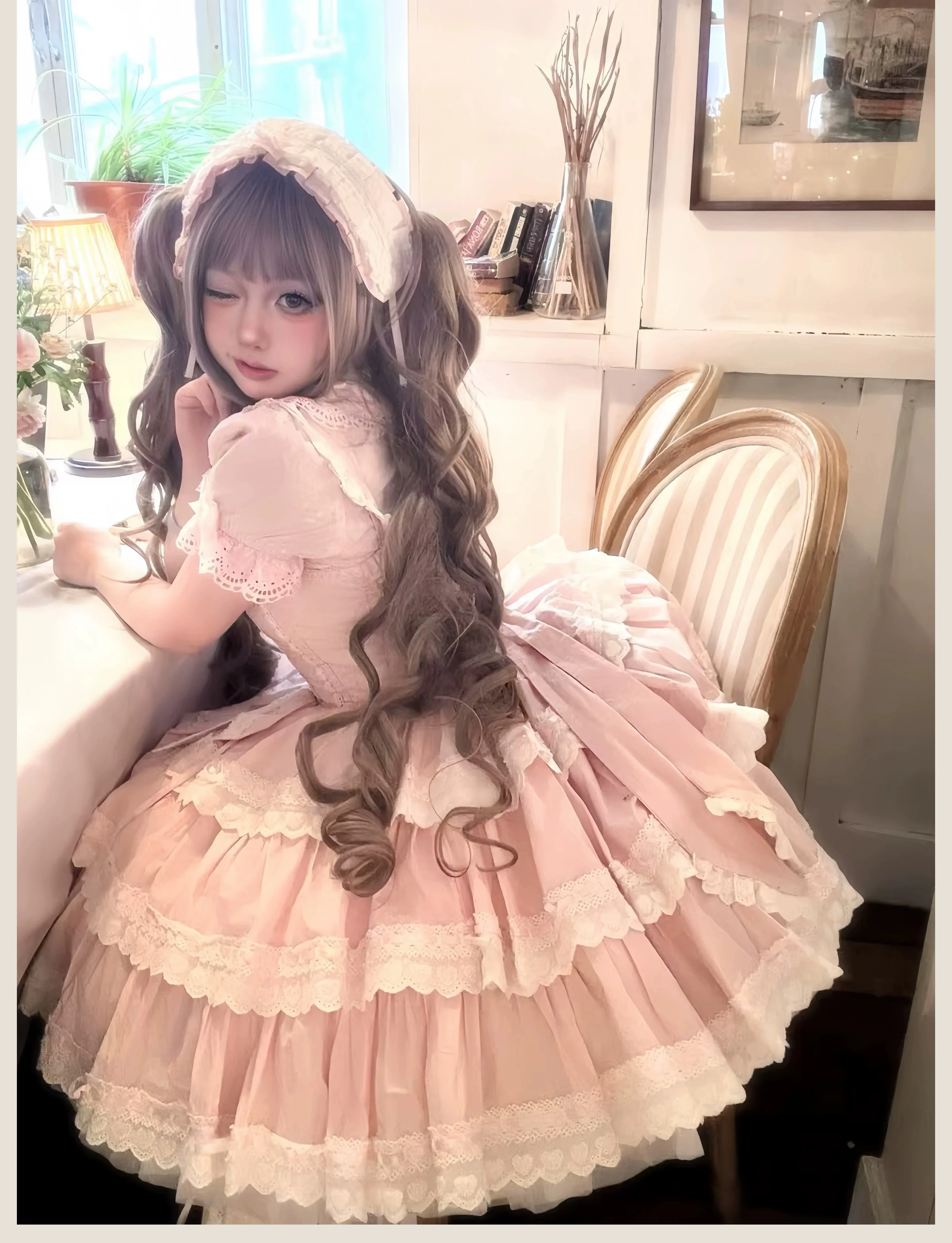 Otome Heart - Cotton Old School Lolita JSK Dress Suit, Heart-Shaped Lace Trim - Image 25
