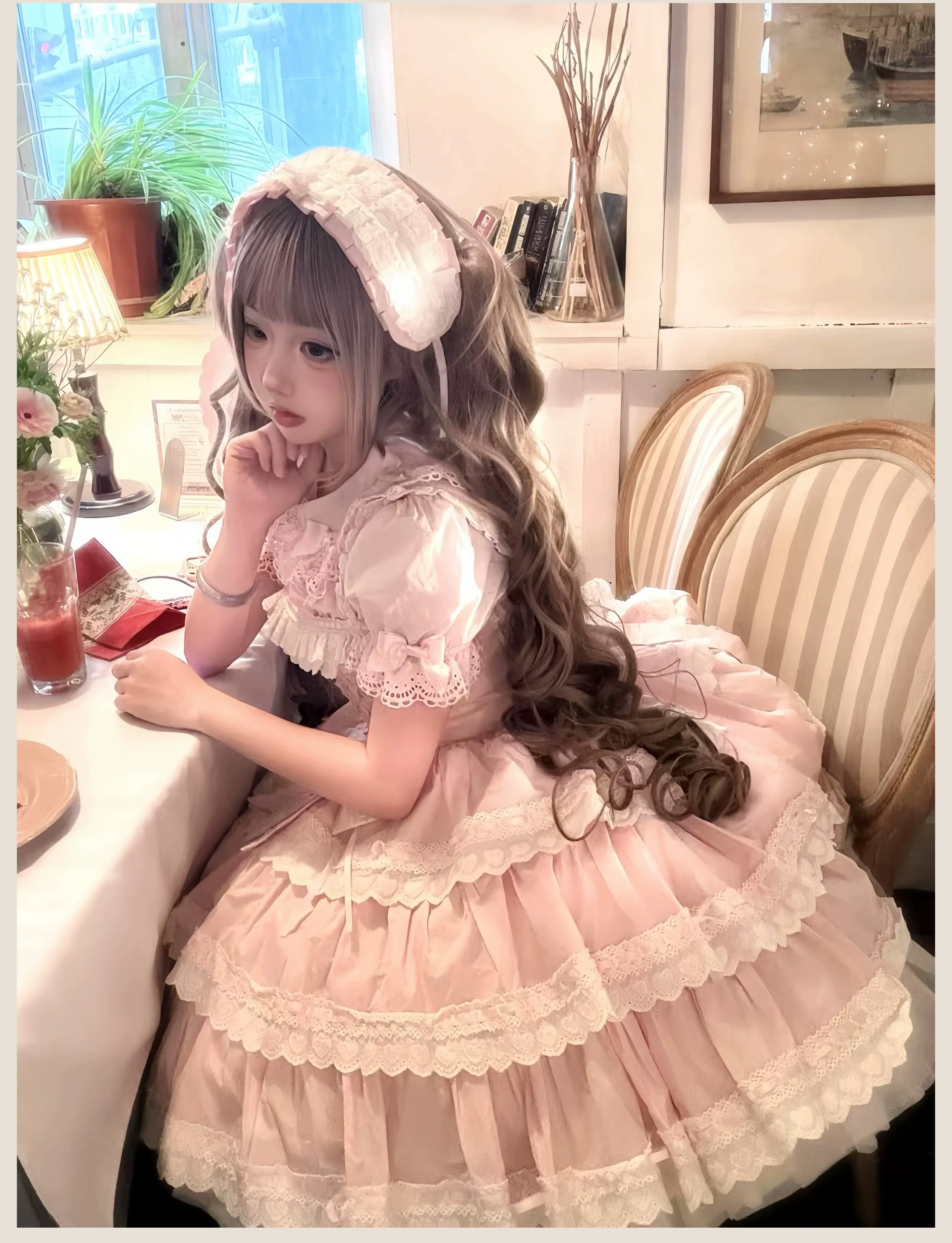 Otome Heart - Cotton Old School Lolita JSK Dress Suit, Heart-Shaped Lace Trim - Image 26