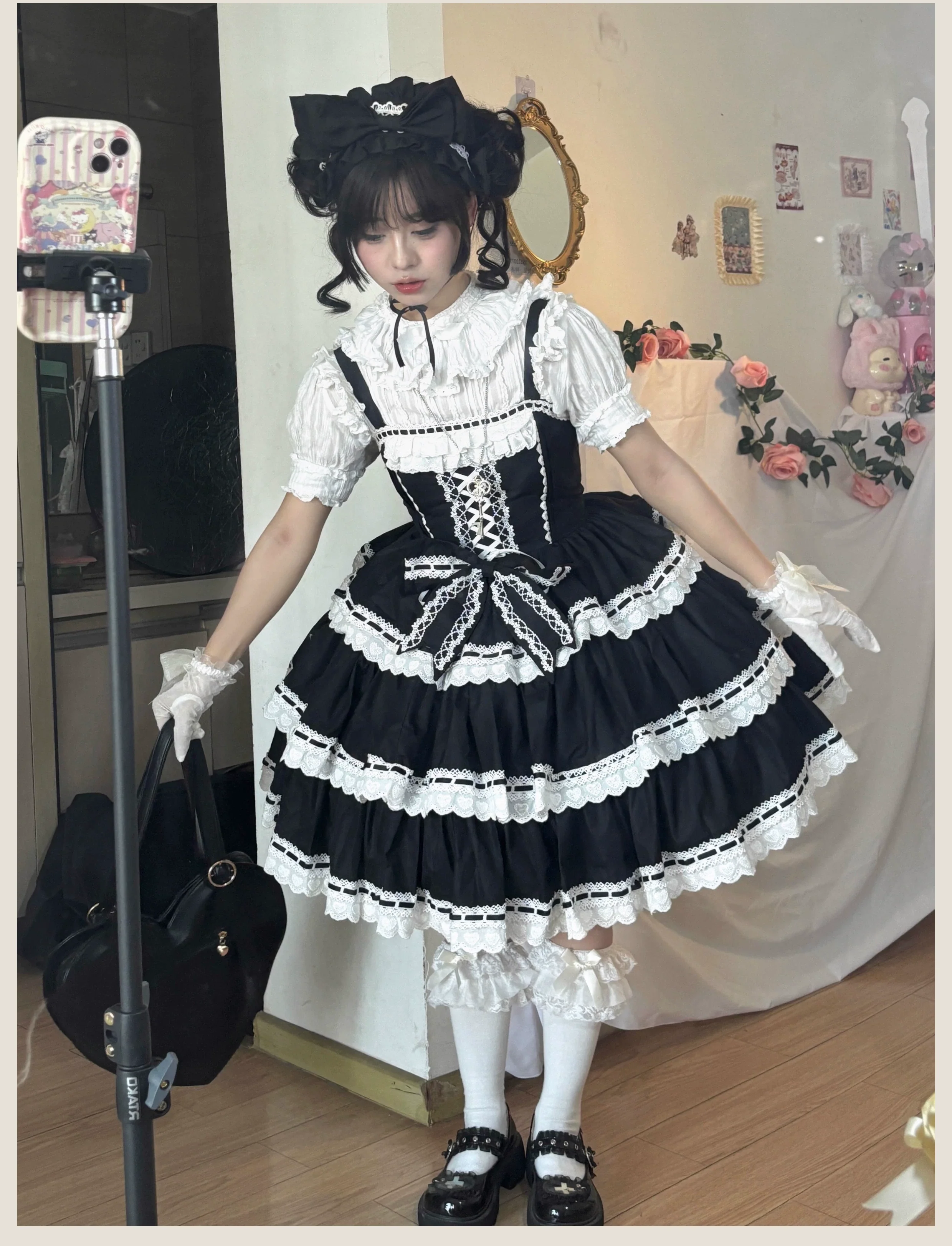 Otome Heart - Cotton Old School Lolita JSK Dress Suit, Heart-Shaped Lace Trim - Image 3