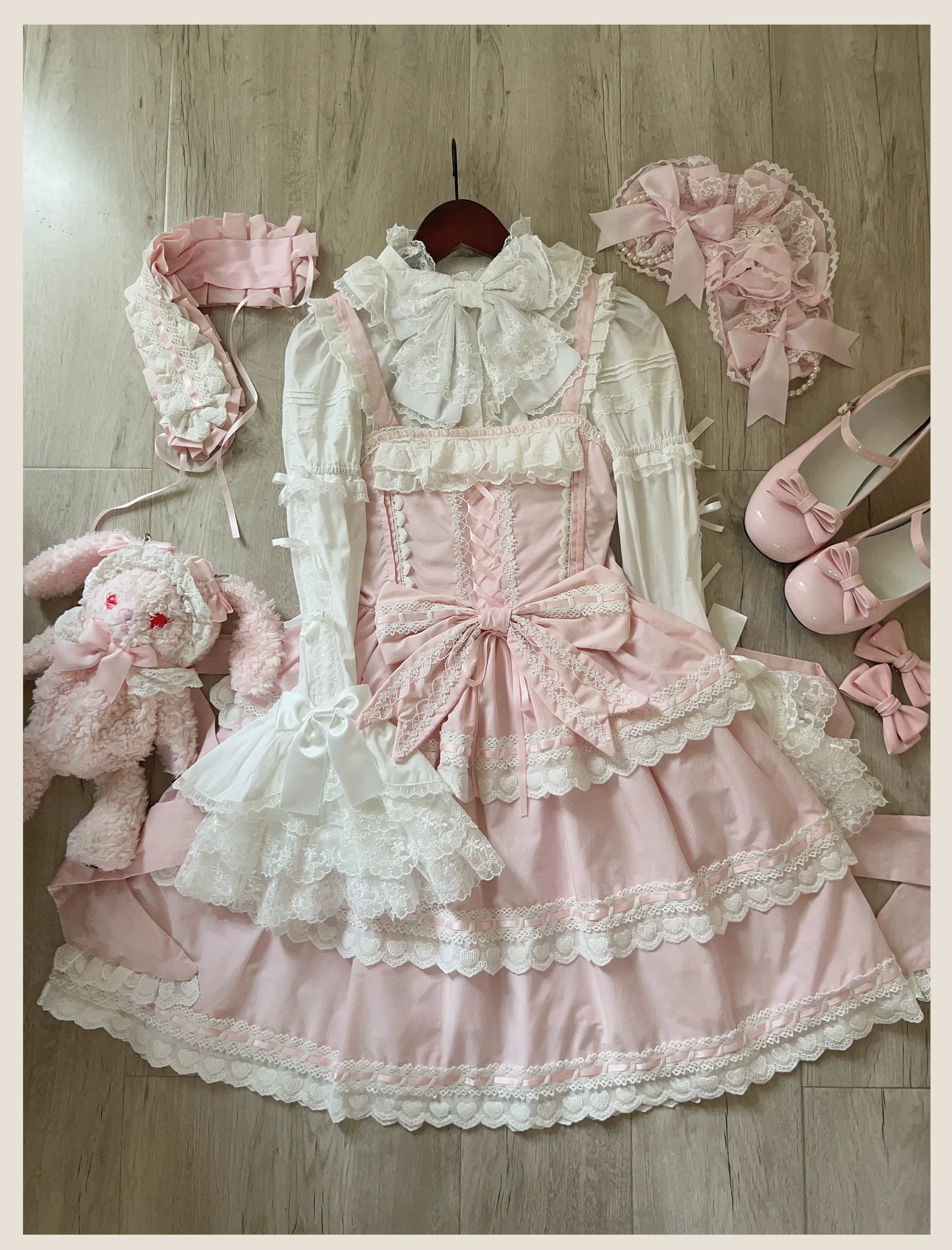 Otome Heart - Cotton Old School Lolita JSK Dress Suit, Heart-Shaped Lace Trim - Image 30