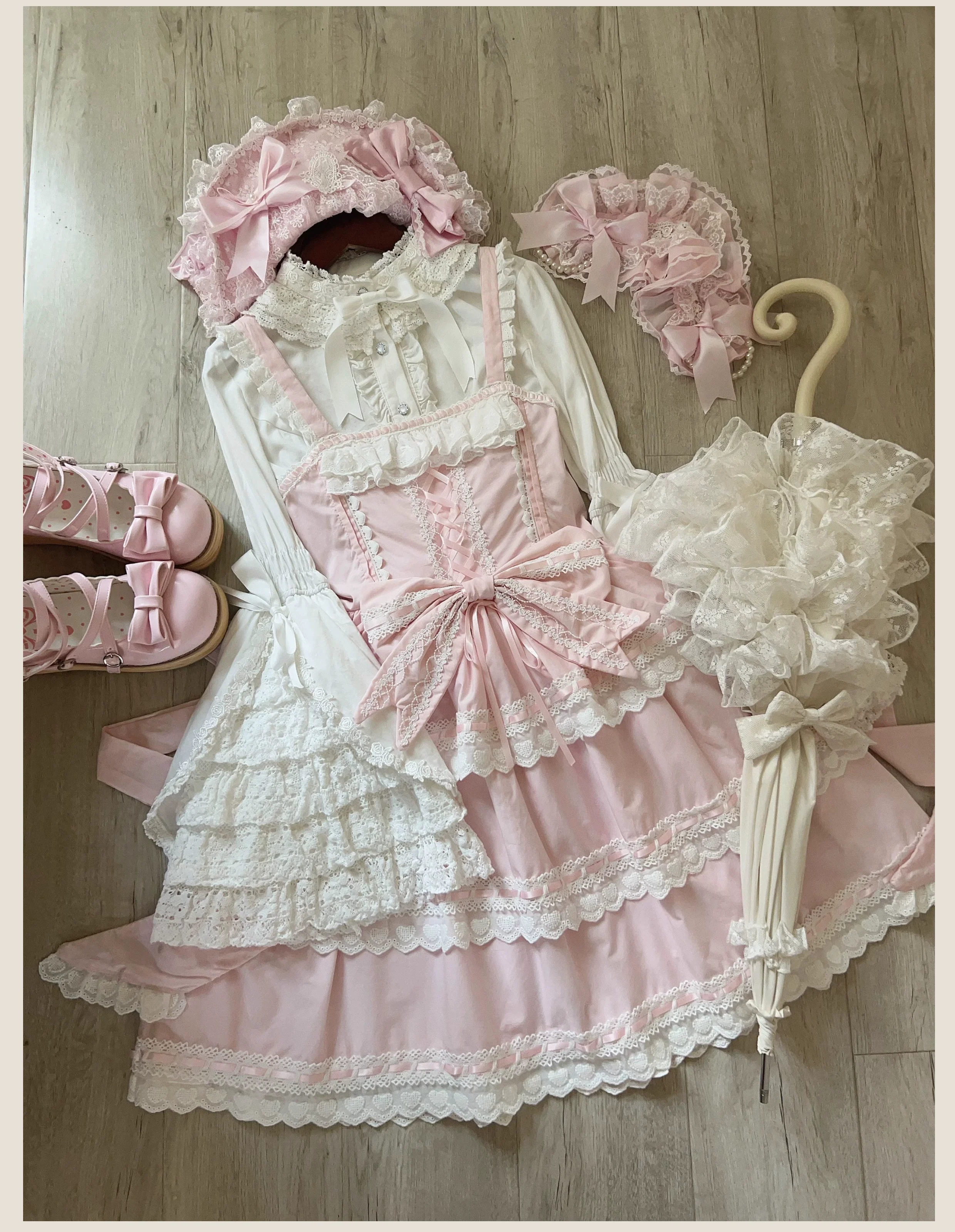 Otome Heart - Cotton Old School Lolita JSK Dress Suit, Heart-Shaped Lace Trim - Image 31