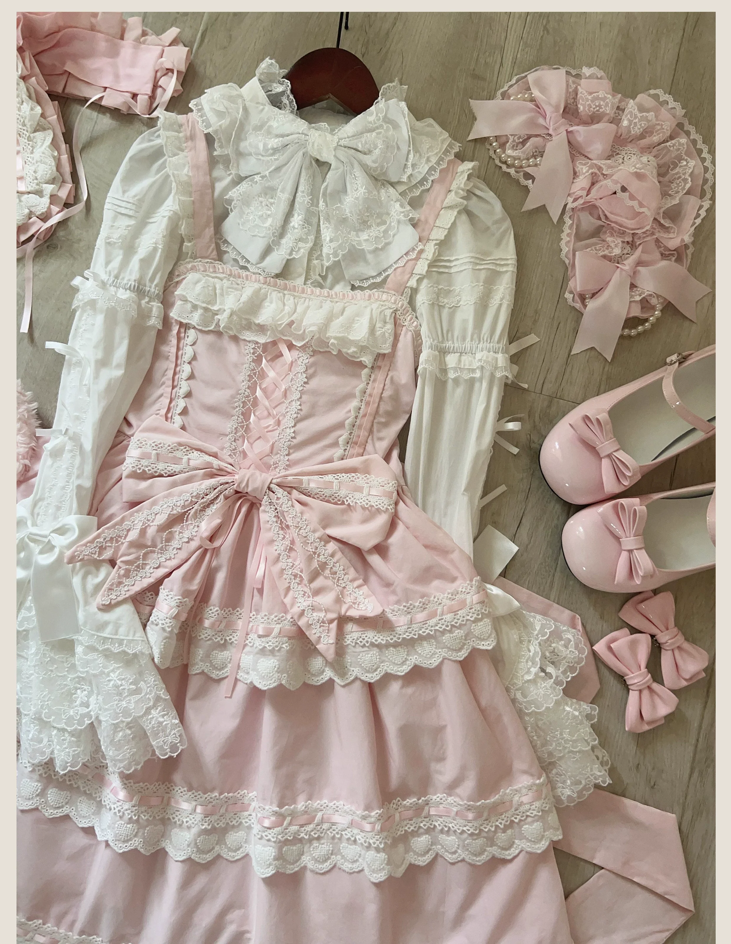 Otome Heart - Cotton Old School Lolita JSK Dress Suit, Heart-Shaped Lace Trim - Image 32