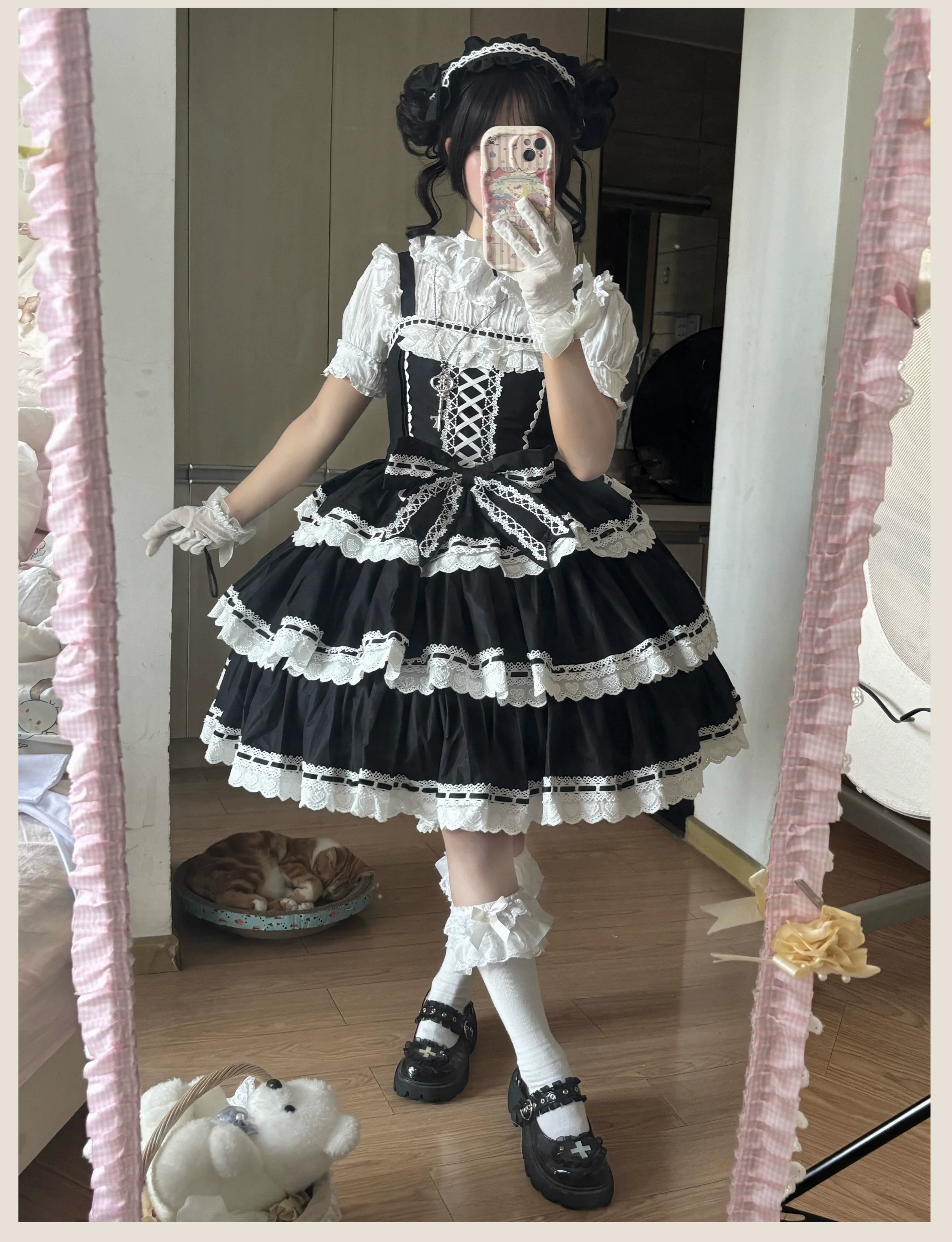 Otome Heart - Cotton Old School Lolita JSK Dress Suit, Heart-Shaped Lace Trim - Image 4