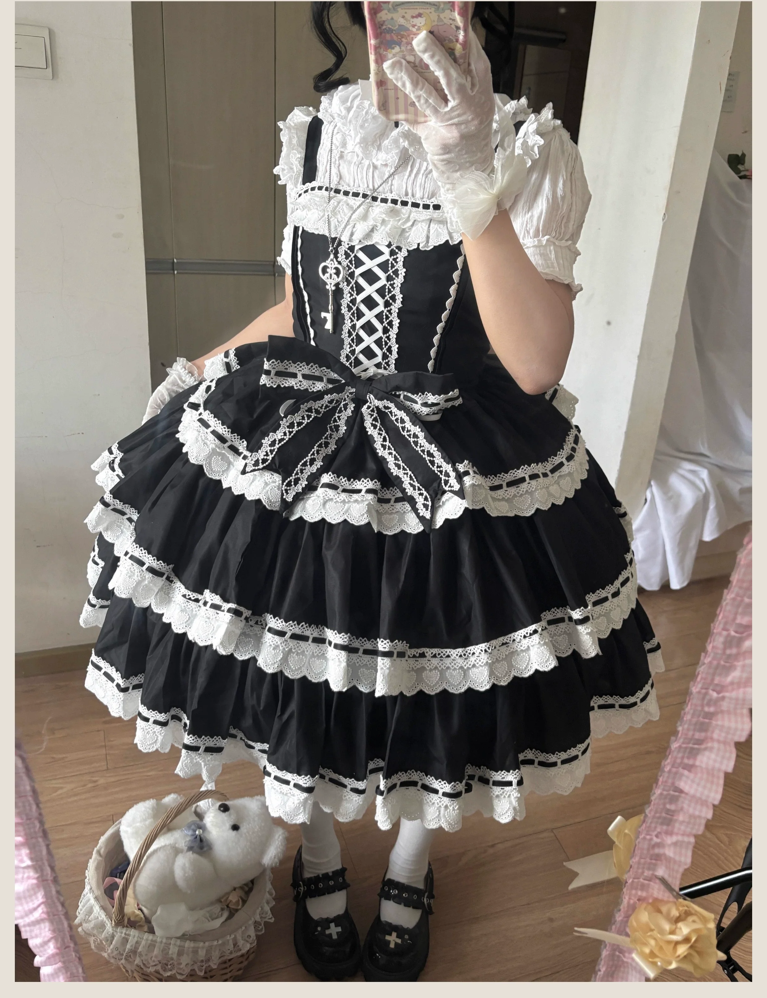 Otome Heart - Cotton Old School Lolita JSK Dress Suit, Heart-Shaped Lace Trim - Image 6