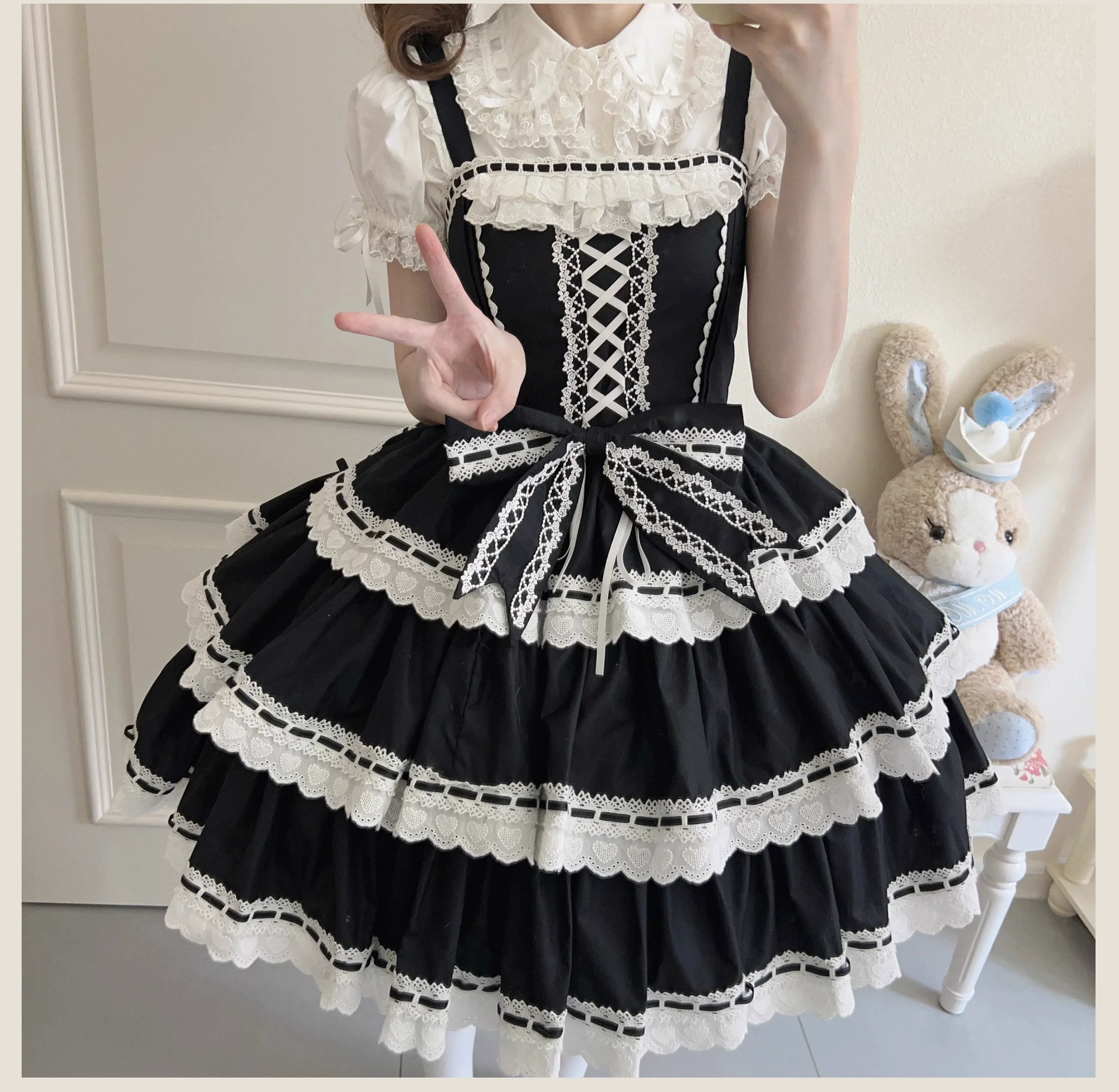 Otome Heart - Cotton Old School Lolita JSK Dress Suit, Heart-Shaped Lace Trim - Image 7