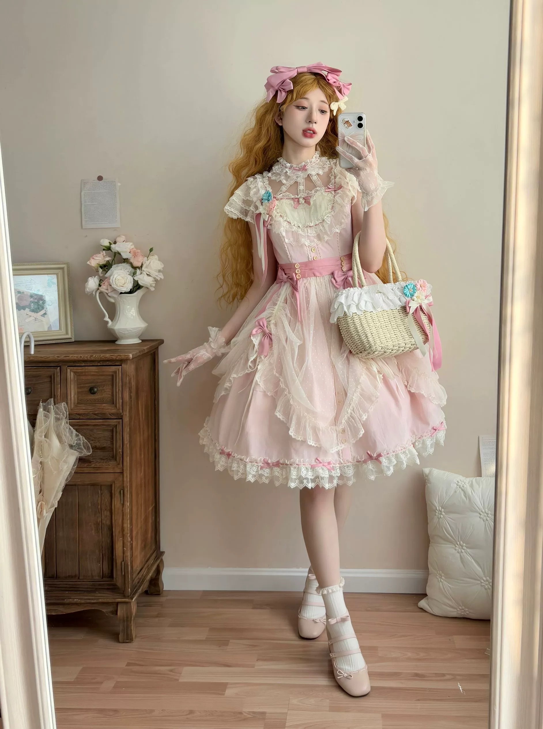 Fluttering Cherry Spring Strings - Cotton Sweet Lolita JSK Dress - Image 35