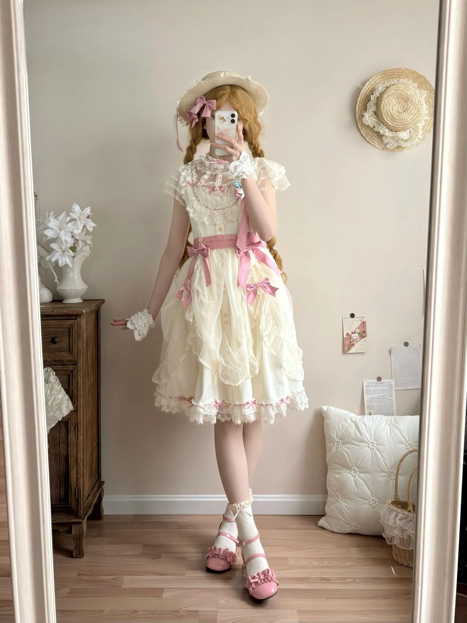 Fluttering Cherry Spring Strings - Cotton Sweet Lolita JSK Dress - Image 55