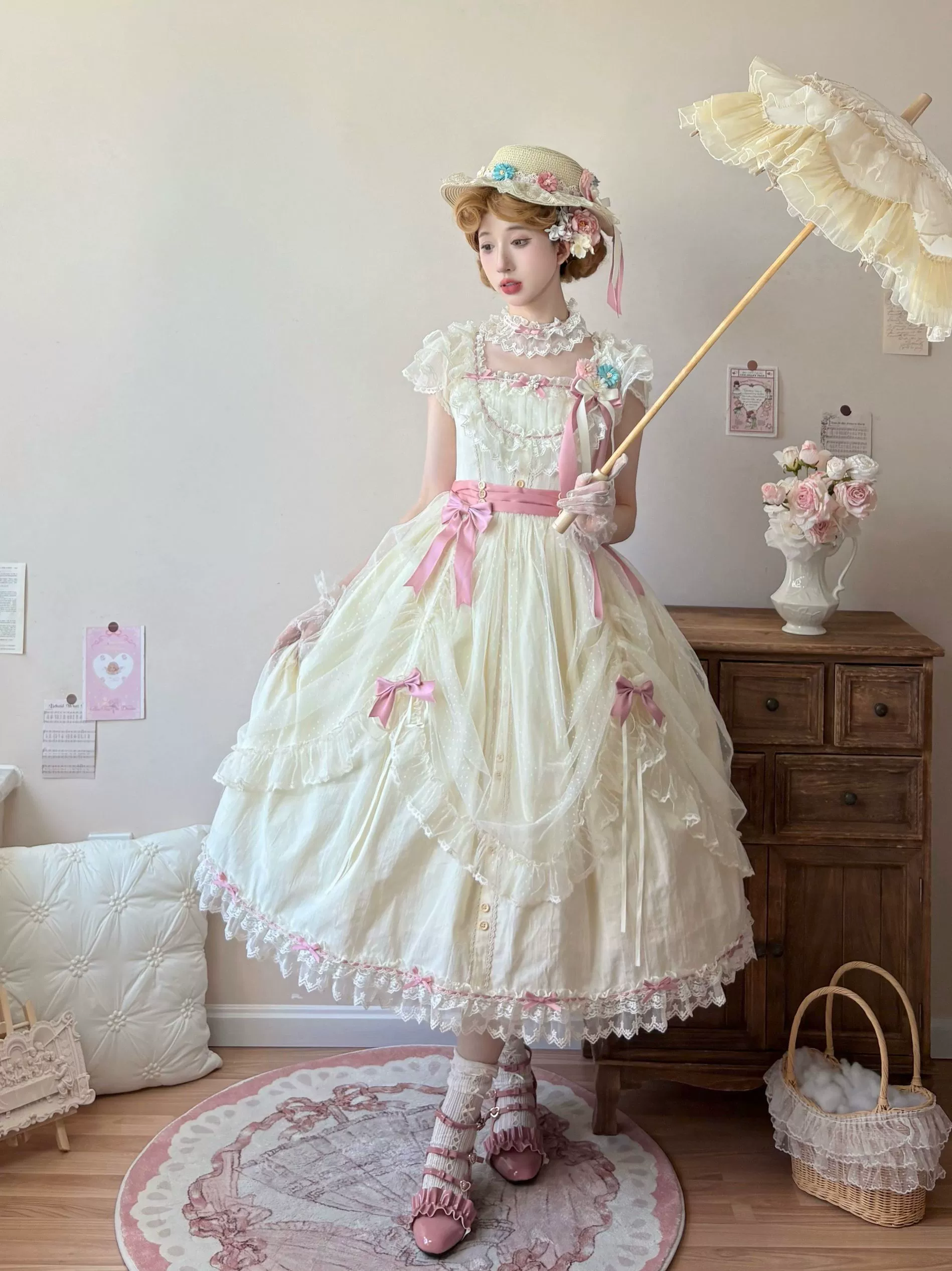 Fluttering Cherry Spring Strings - Cotton Sweet Lolita JSK Dress - Image 9