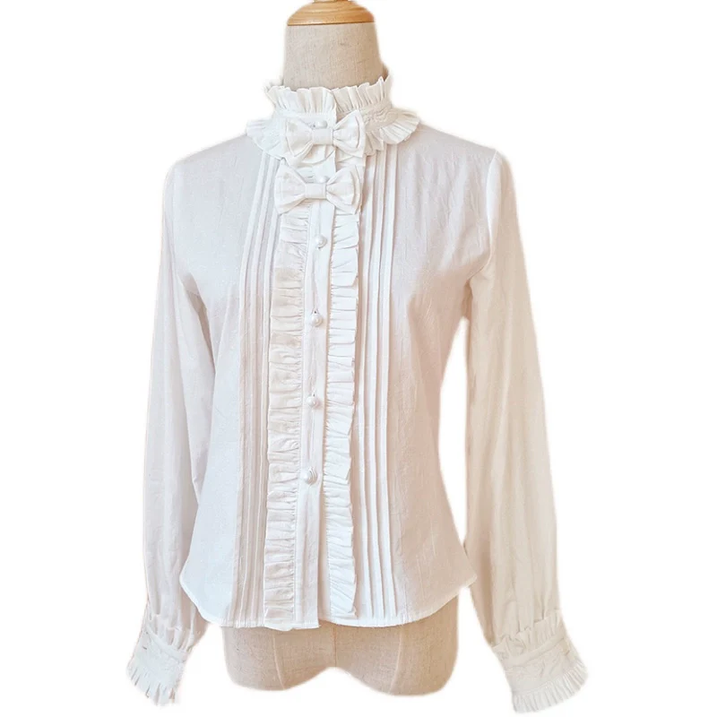 Winter Cotton Lolita Blouse White Long Sleeve Stand Collar Shirt - Image 4
