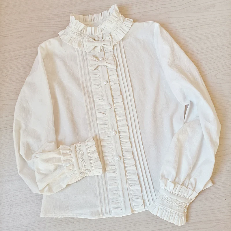 Winter Cotton Lolita Blouse White Long Sleeve Stand Collar Shirt - Image 9
