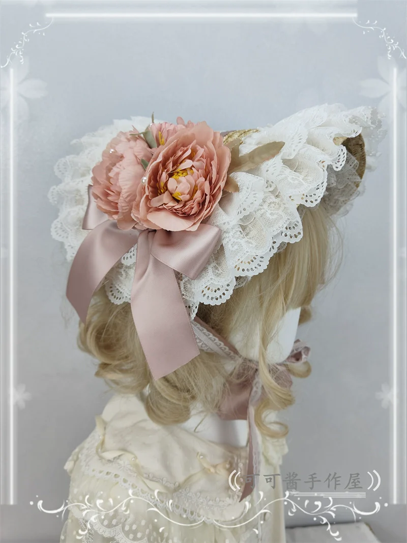 Country Lolita Bonnet Lace Flower Flat Cap Multicolors Customized - Image 16