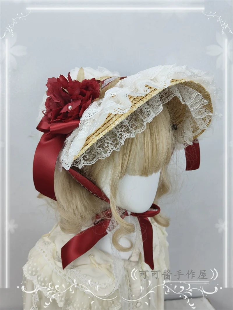 Country Lolita Bonnet Lace Flower Flat Cap Multicolors Customized - Image 33