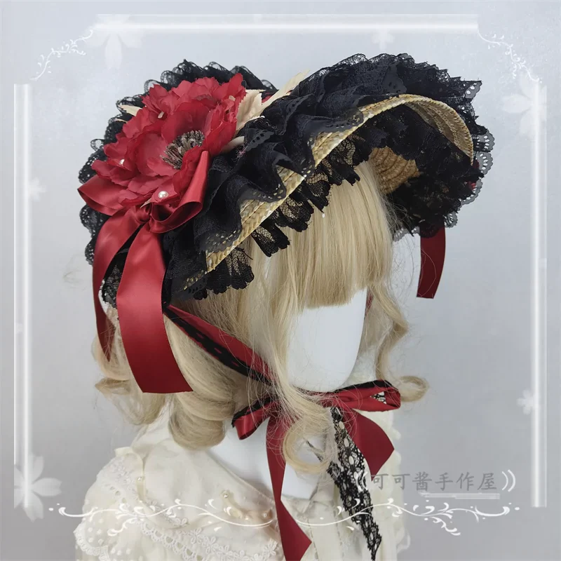 Country Lolita Bonnet Lace Flower Flat Cap Multicolors Customized - Image 7