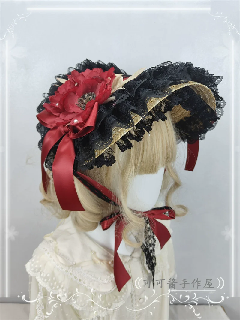Country Lolita Bonnet Lace Flower Flat Cap Multicolors Customized - Image 8