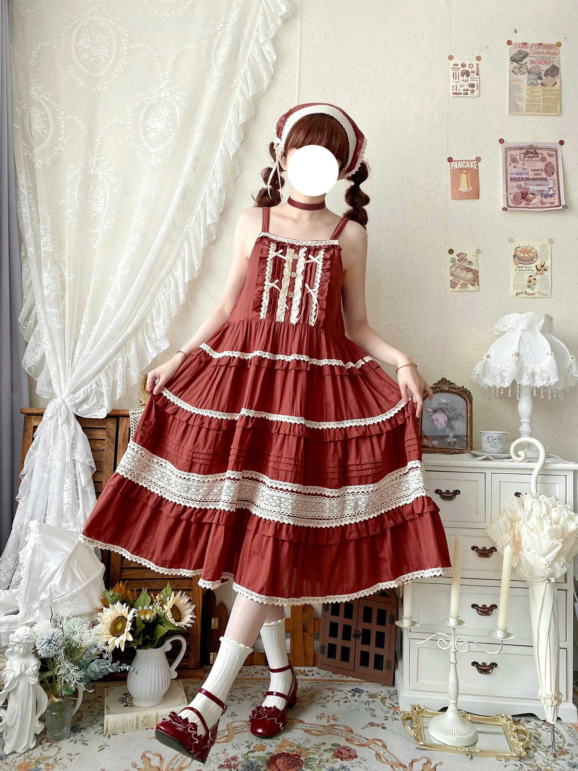 Qianmu - Summer Floral Tea - Country Lolita Cotton Jumper Dress Burlap Dress - Image 2