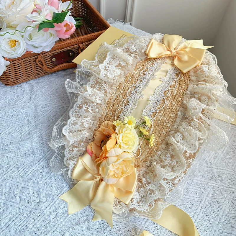 With PUJI - Floral Language - Country Lolita Lace Bow Flat Cap Straw Hat - Image 18