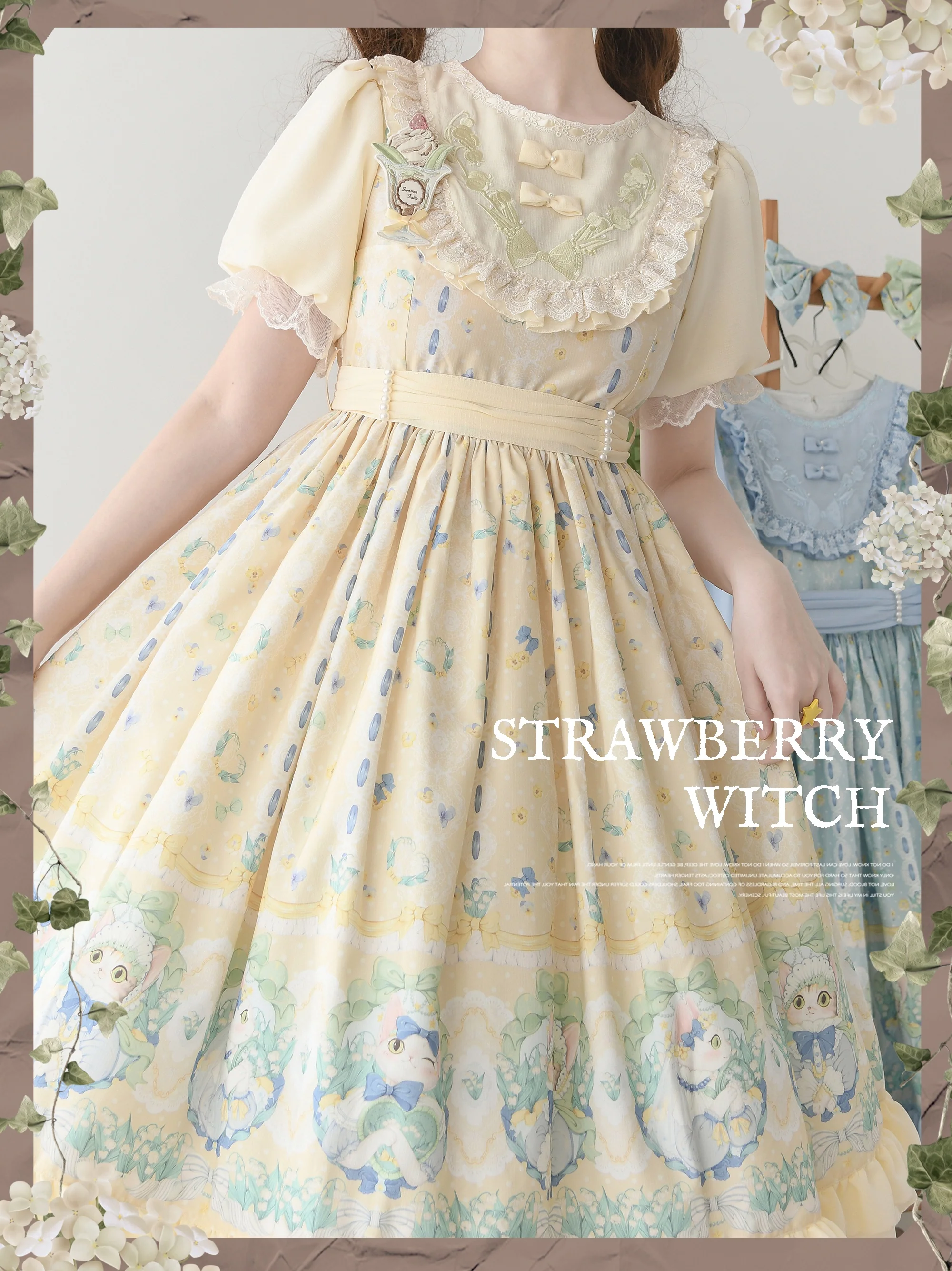 Lily of the Valley Kitten - Country Lolita OP with Embroidery and Cat Print - Image 11
