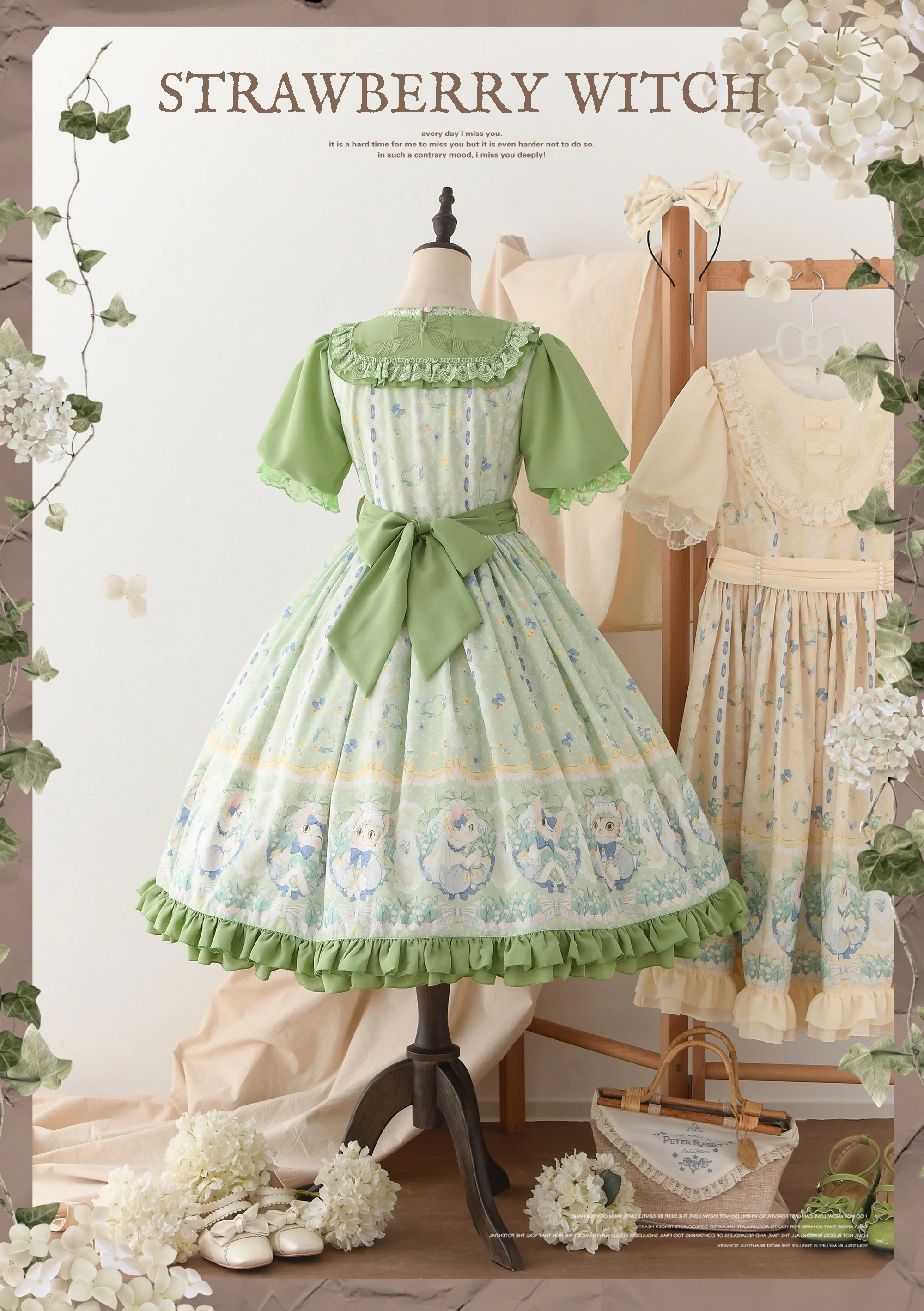Lily of the Valley Kitten - Country Lolita OP with Embroidery and Cat Print - Image 13
