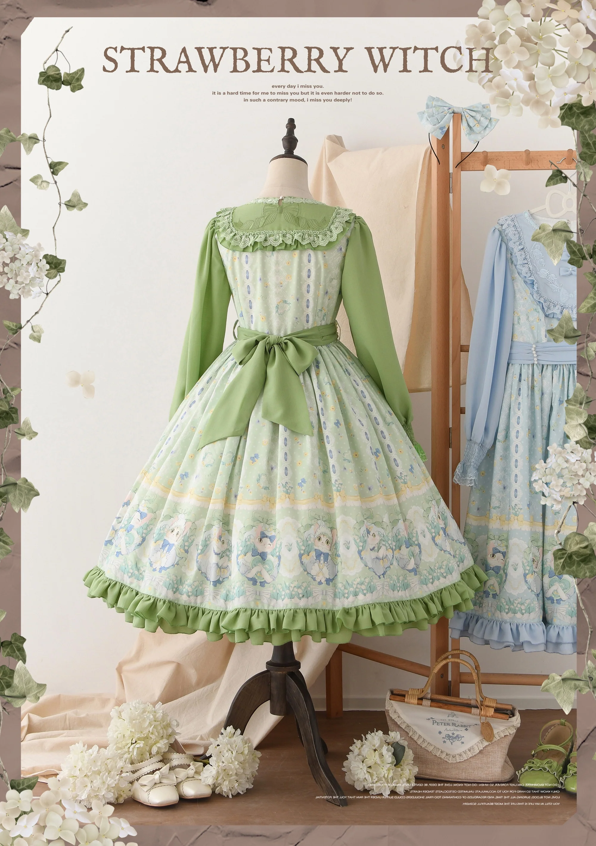 Lily of the Valley Kitten - Country Lolita OP with Embroidery and Cat Print - Image 15