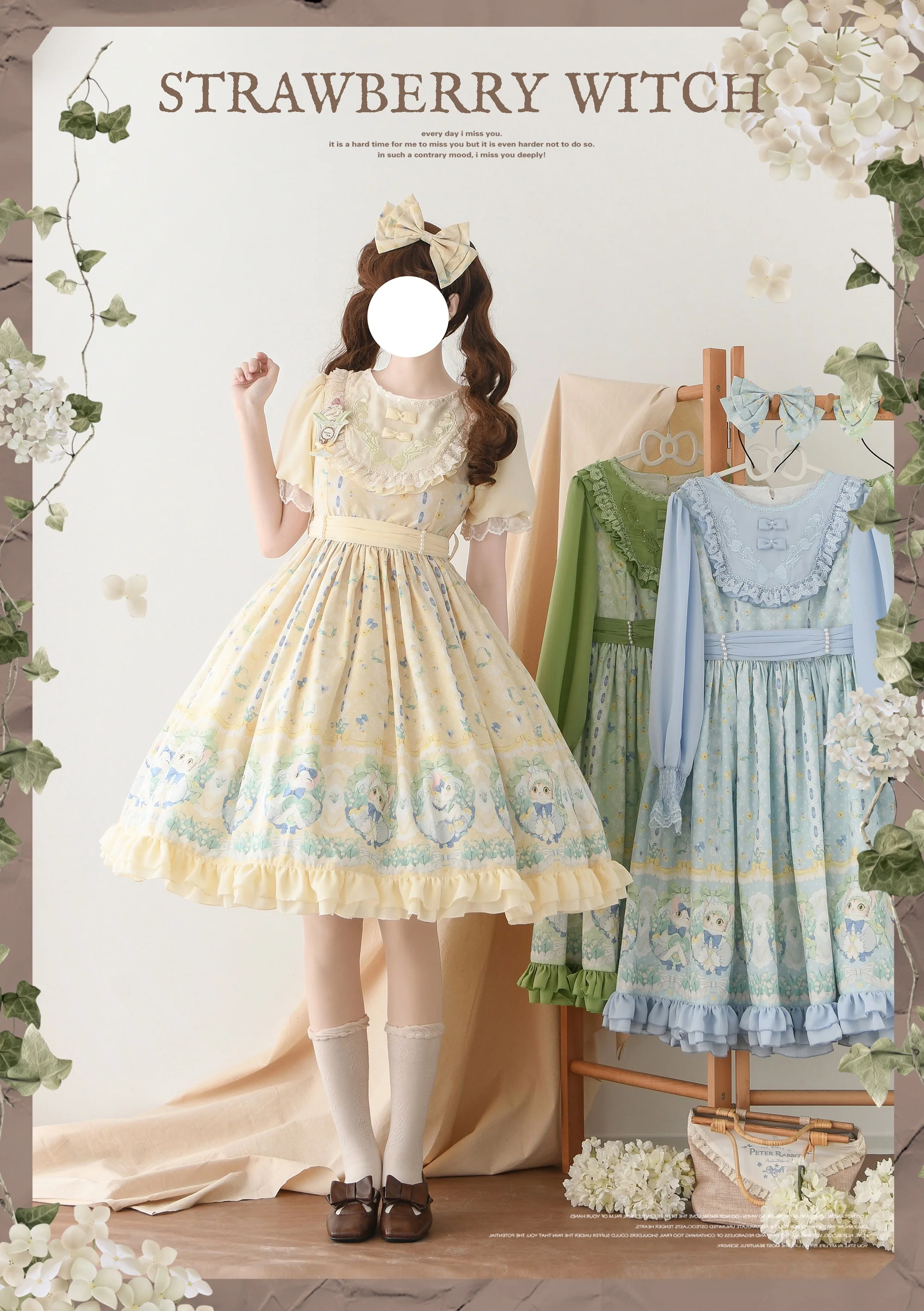 Lily of the Valley Kitten - Country Lolita OP with Embroidery and Cat Print - Image 3