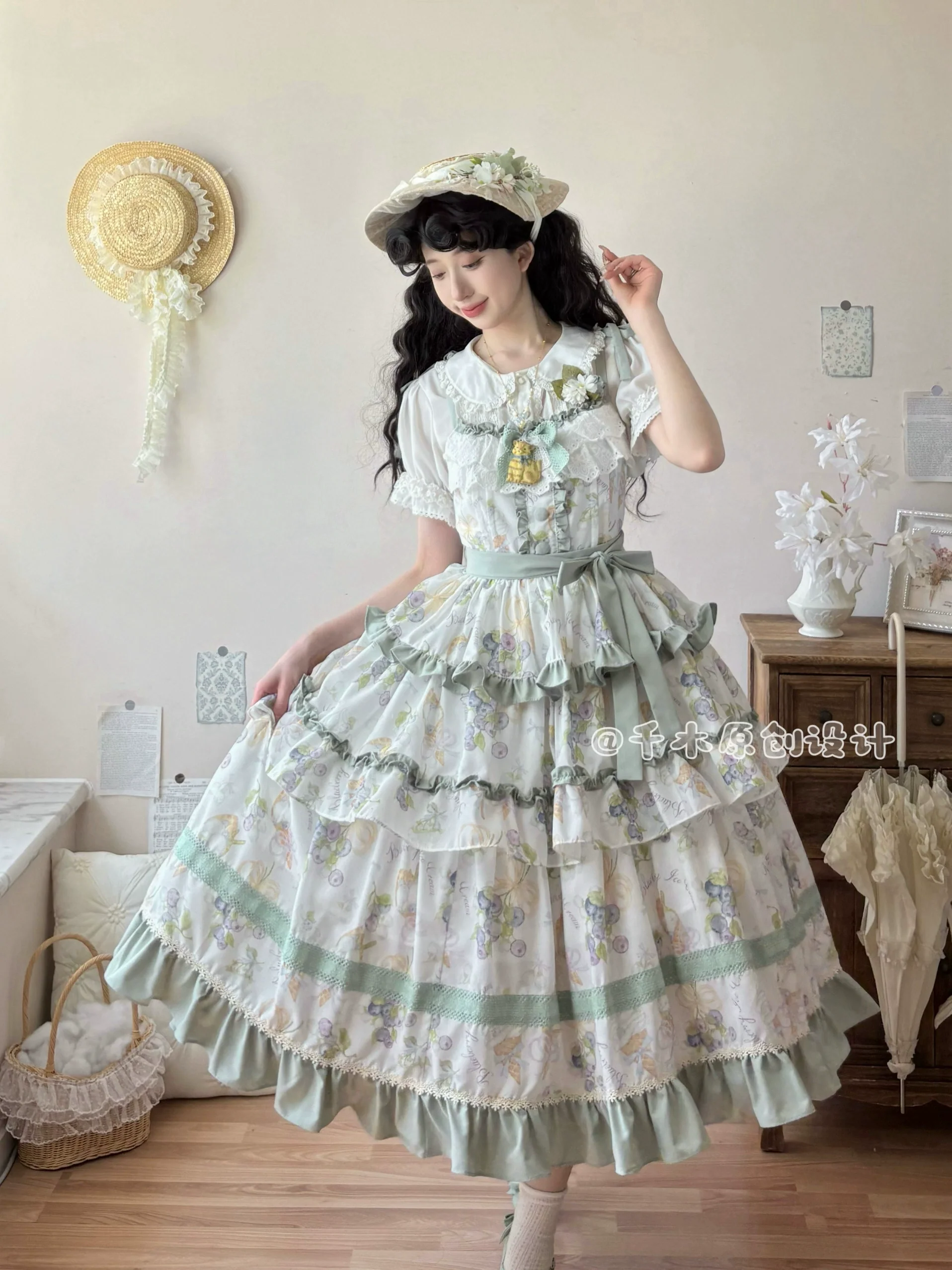Qianmu - Blueberry Midsummer - Country Lolita Tiered JSK, Blueberry Print - Image 11