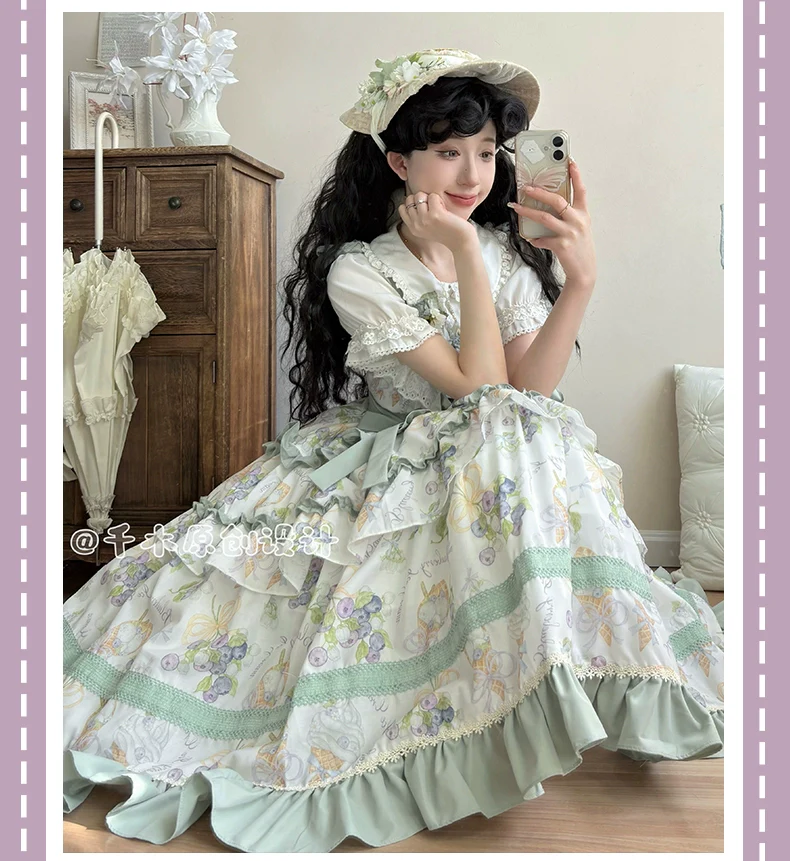 Qianmu - Blueberry Midsummer - Country Lolita Tiered JSK, Blueberry Print - Image 14