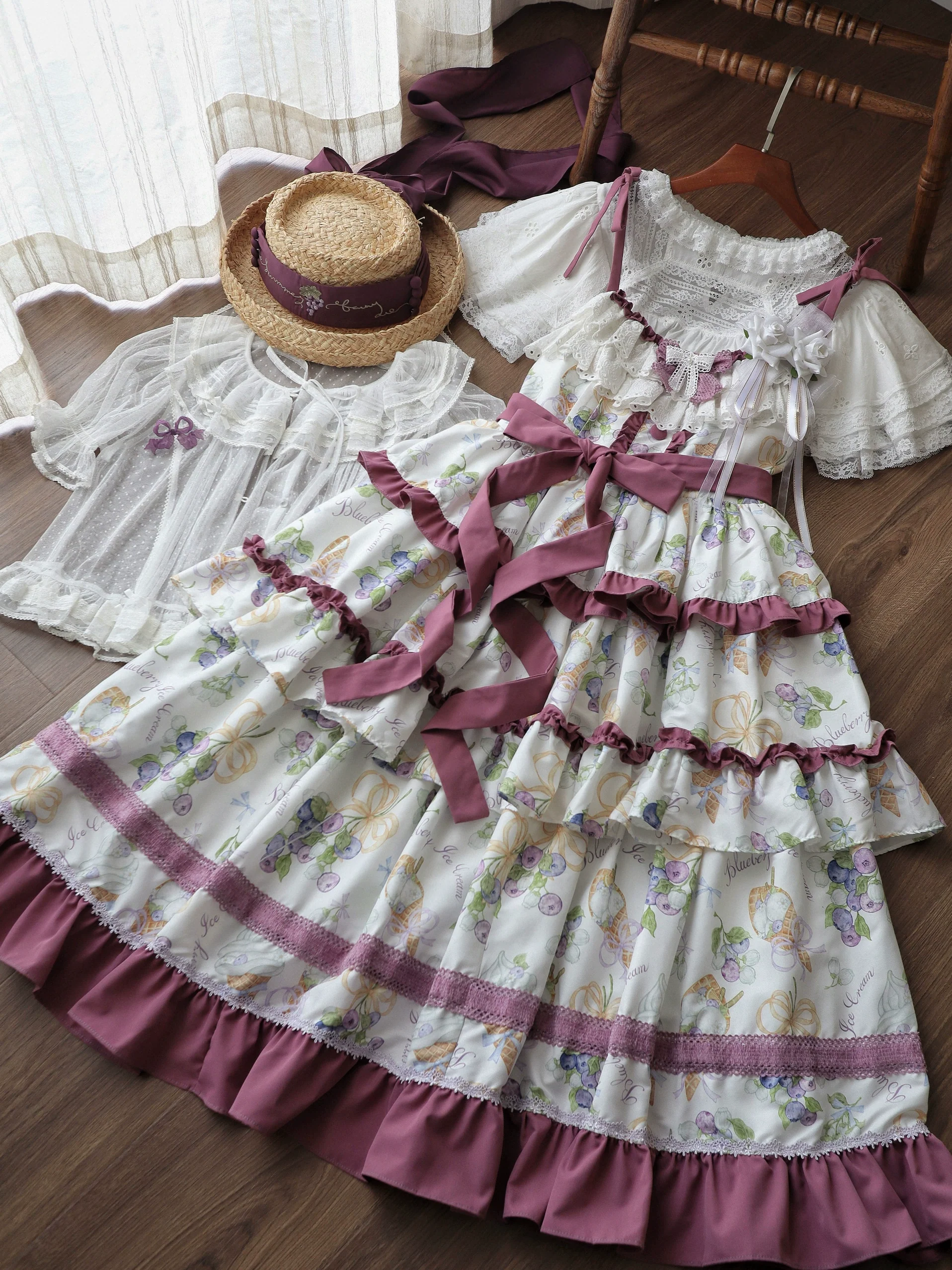 Qianmu - Blueberry Midsummer - Country Lolita Tiered JSK, Blueberry Print - Image 15
