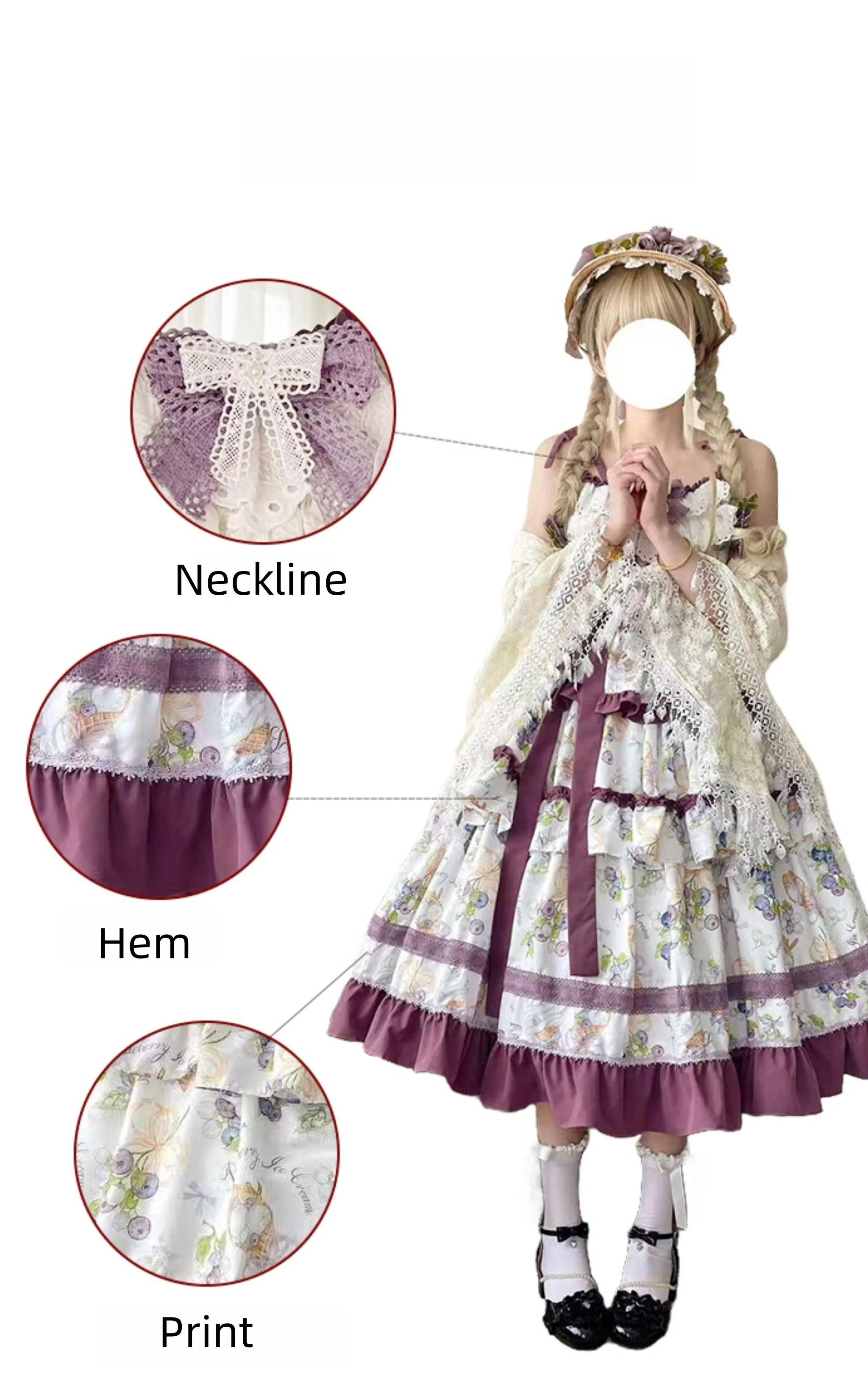 Qianmu - Blueberry Midsummer - Country Lolita Tiered JSK, Blueberry Print - Image 16