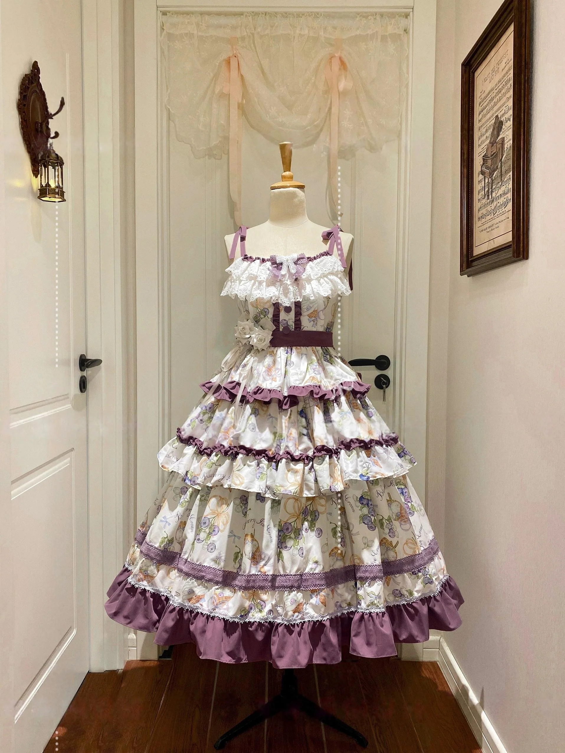 Qianmu - Blueberry Midsummer - Country Lolita Tiered JSK, Blueberry Print - Image 3