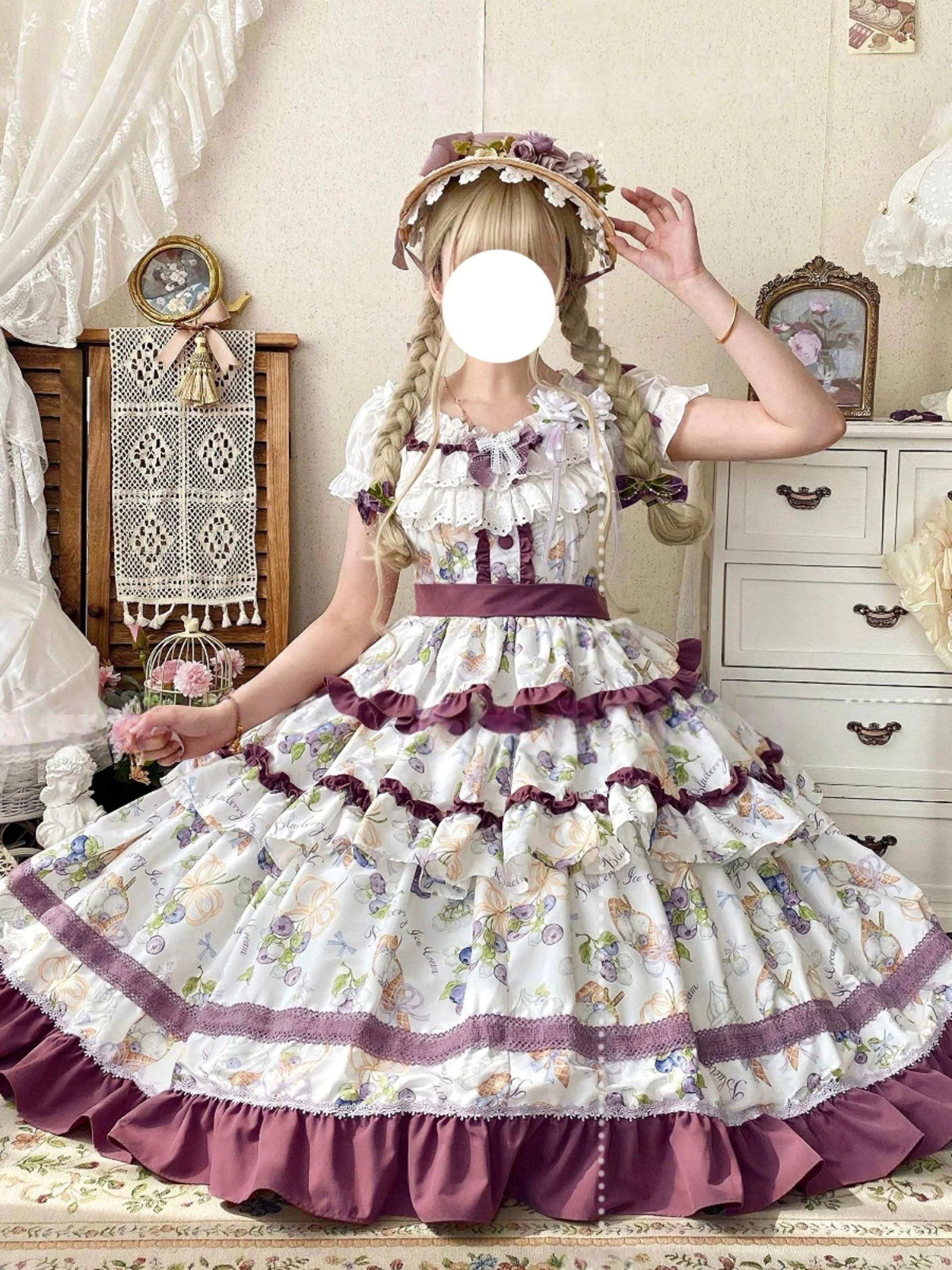 Qianmu - Blueberry Midsummer - Country Lolita Tiered JSK, Blueberry Print - Image 4