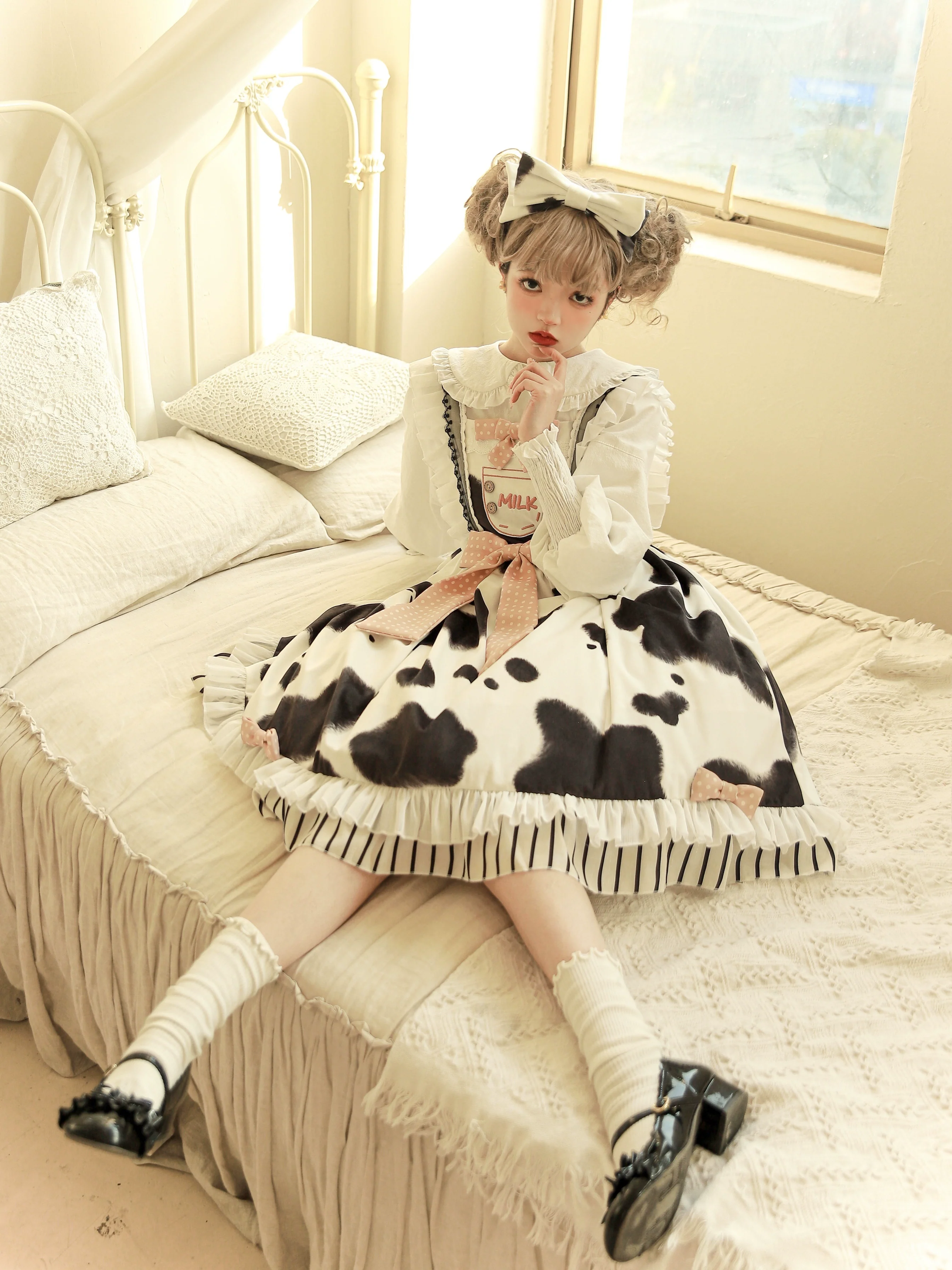 Milky Dango - Cow Spot Kawaii Lolita JSK, Side Pockets - Image 20