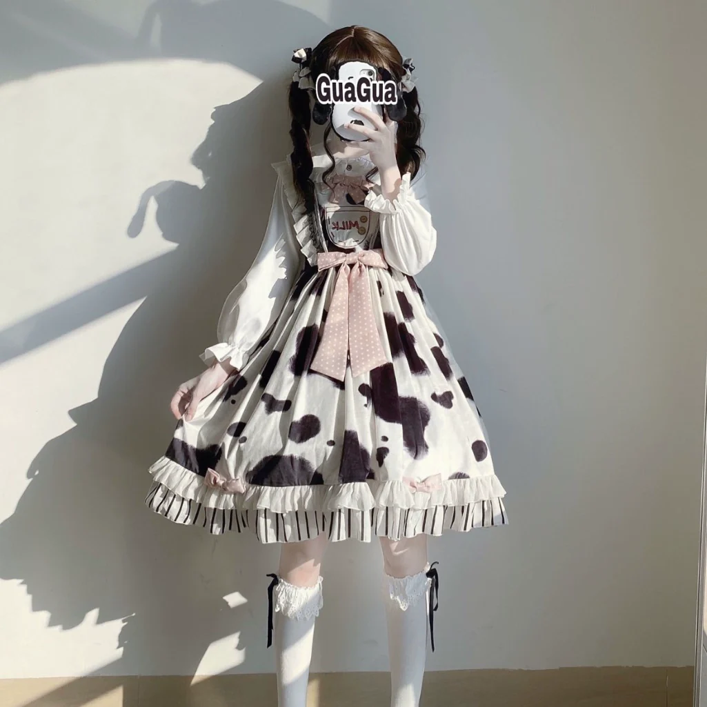 Milky Dango - Cow Spot Kawaii Lolita JSK, Side Pockets - Image 22