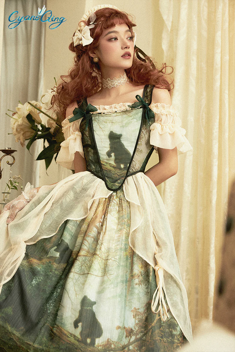 Cyan - Morning of Pine Forest - Elegant Lolita Bear Print Skirt