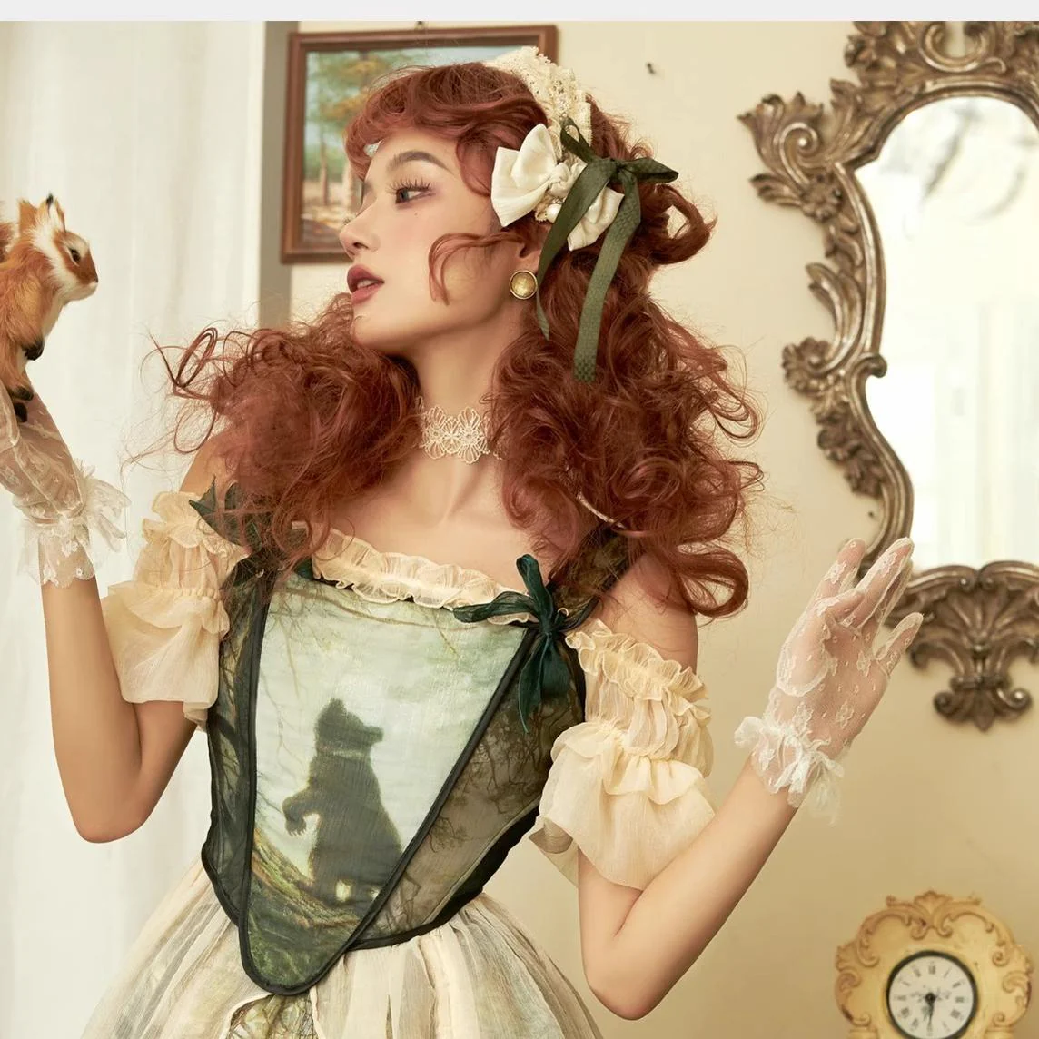 Cyan - Morning of Pine Forest - Elegant Lolita Bear Print Skirt - Image 11