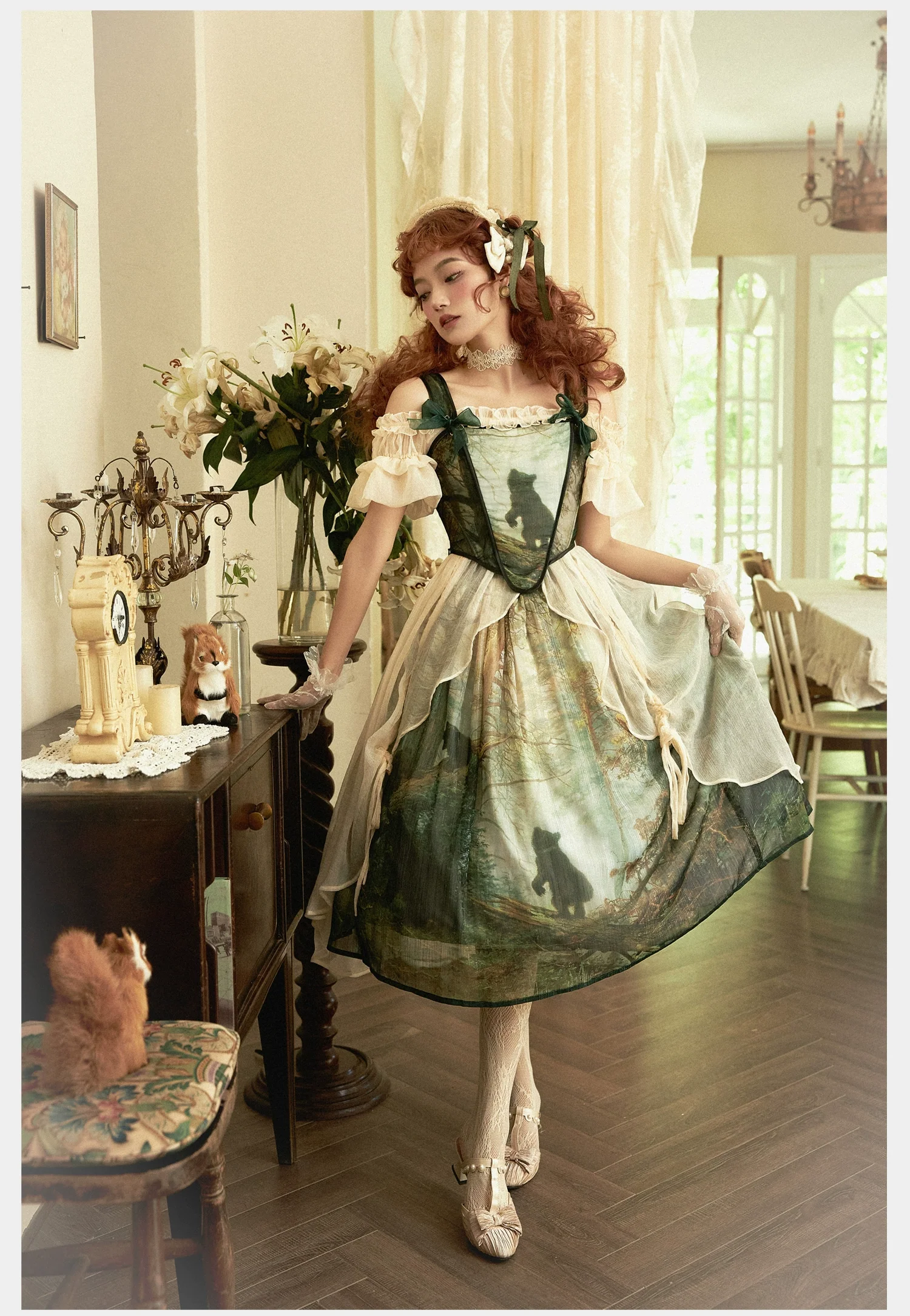 Cyan - Morning of Pine Forest - Elegant Lolita Bear Print Skirt - Image 12