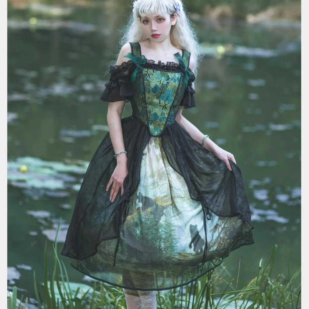 Cyan - Morning of Pine Forest - Elegant Lolita Bear Print Skirt - Image 14