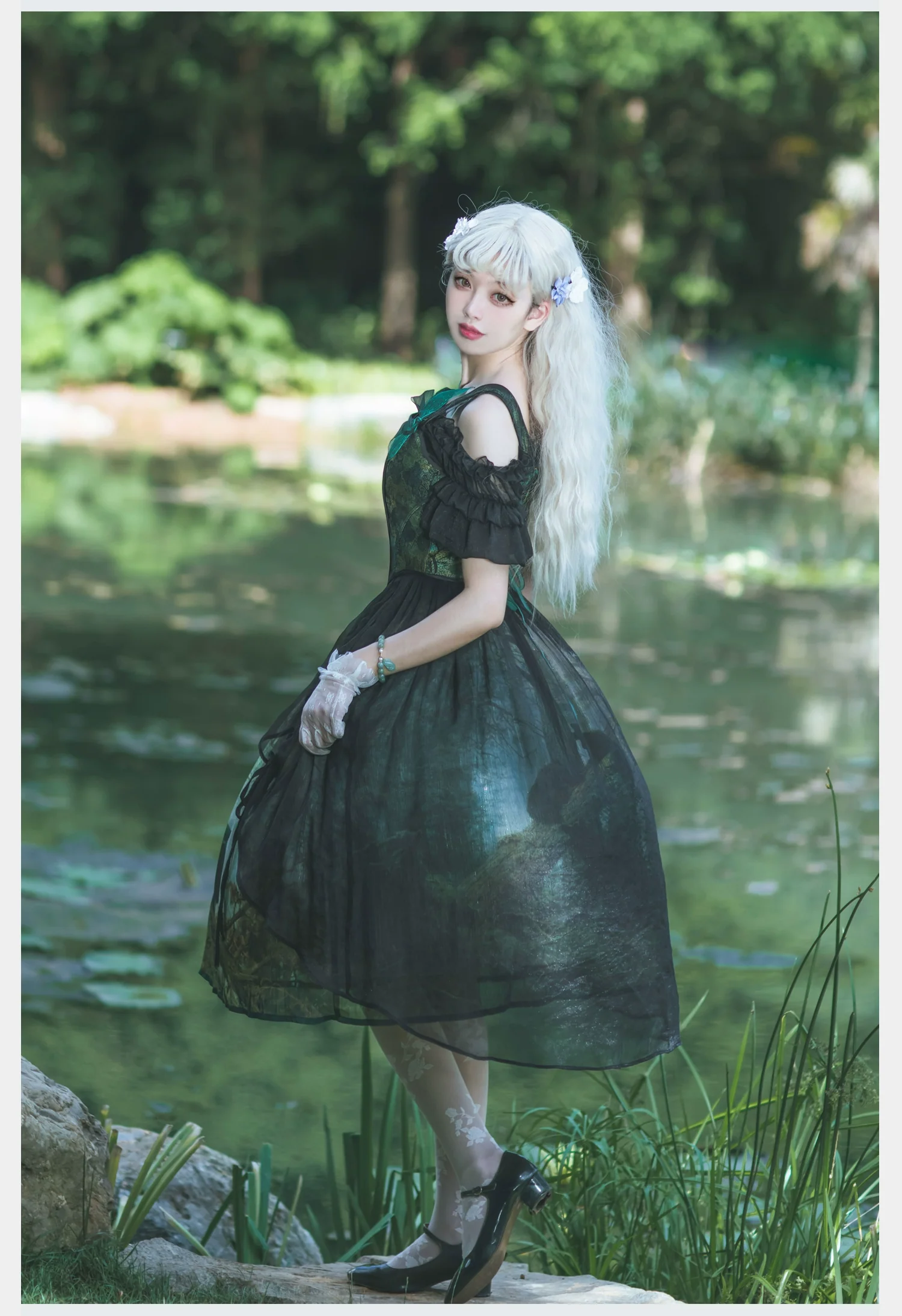 Cyan - Morning of Pine Forest - Elegant Lolita Bear Print Skirt - Image 17