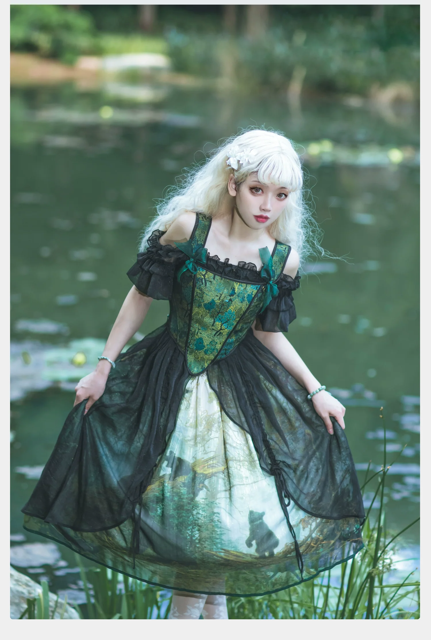 Cyan - Morning of Pine Forest - Elegant Lolita Bear Print Skirt - Image 18