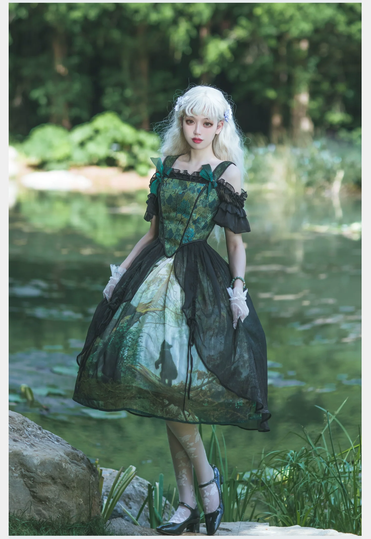 Cyan - Morning of Pine Forest - Elegant Lolita Bear Print Skirt - Image 19