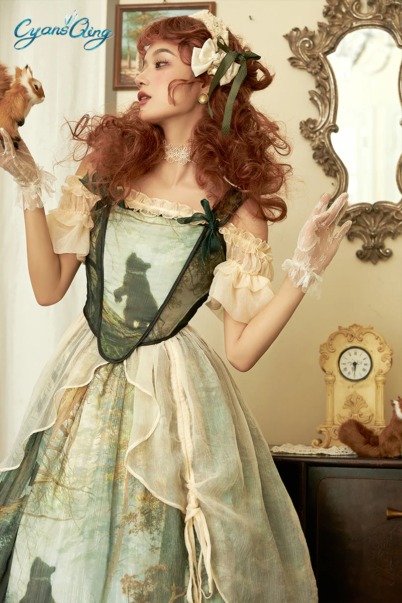 Cyan - Morning of Pine Forest - Elegant Lolita Bear Print Skirt - Image 2