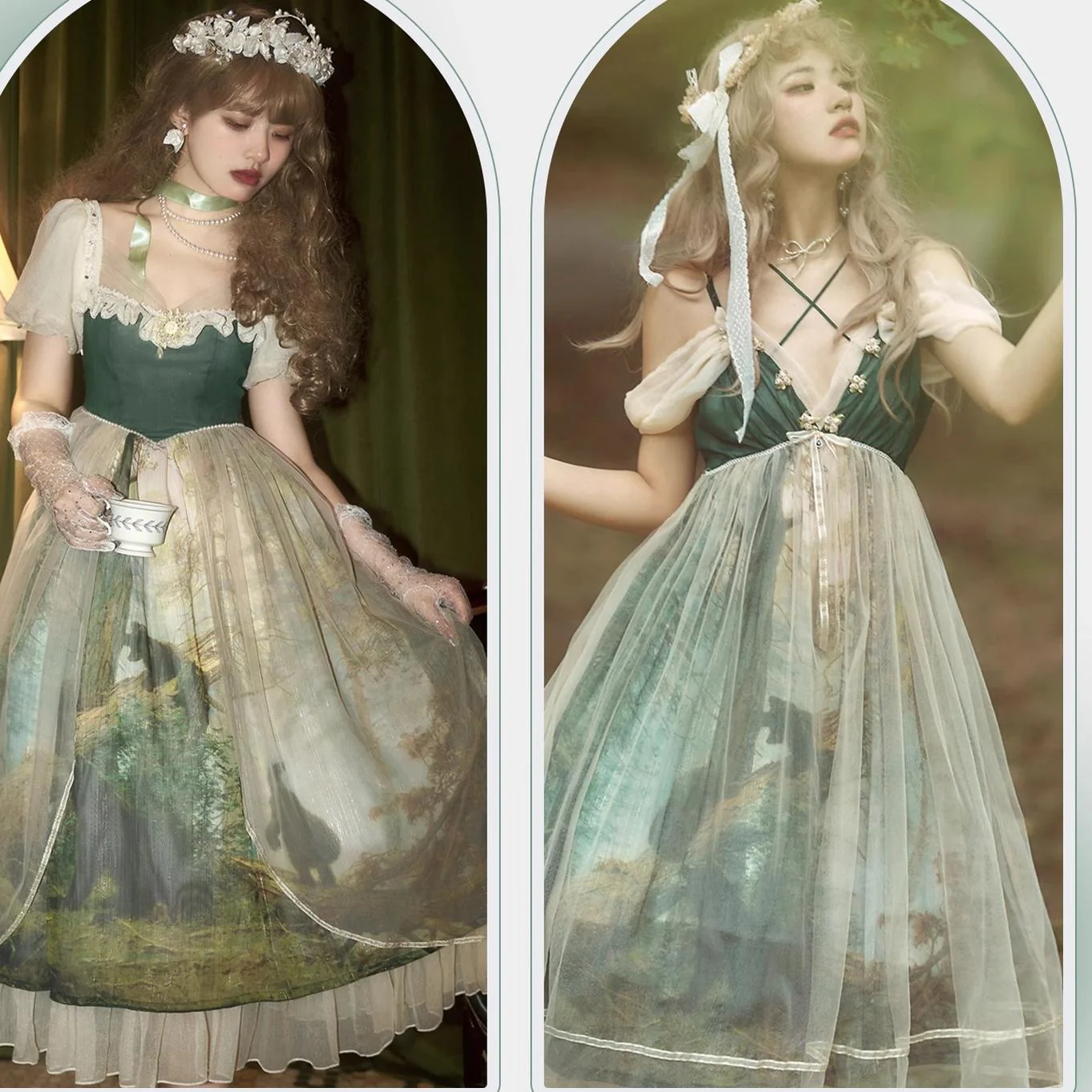 Cyan - Morning of Pine Forest - Elegant Lolita Bear Print Skirt - Image 20