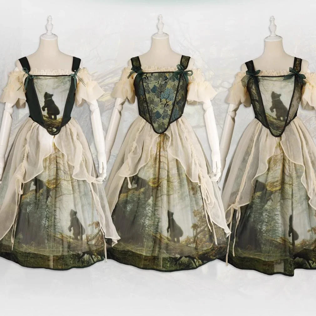 Cyan - Morning of Pine Forest - Elegant Lolita Bear Print Skirt - Image 21
