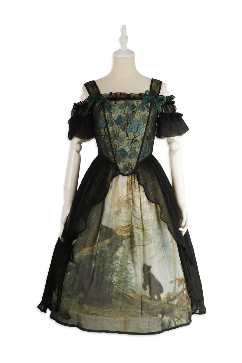 Cyan - Morning of Pine Forest - Elegant Lolita Bear Print Skirt - Image 22