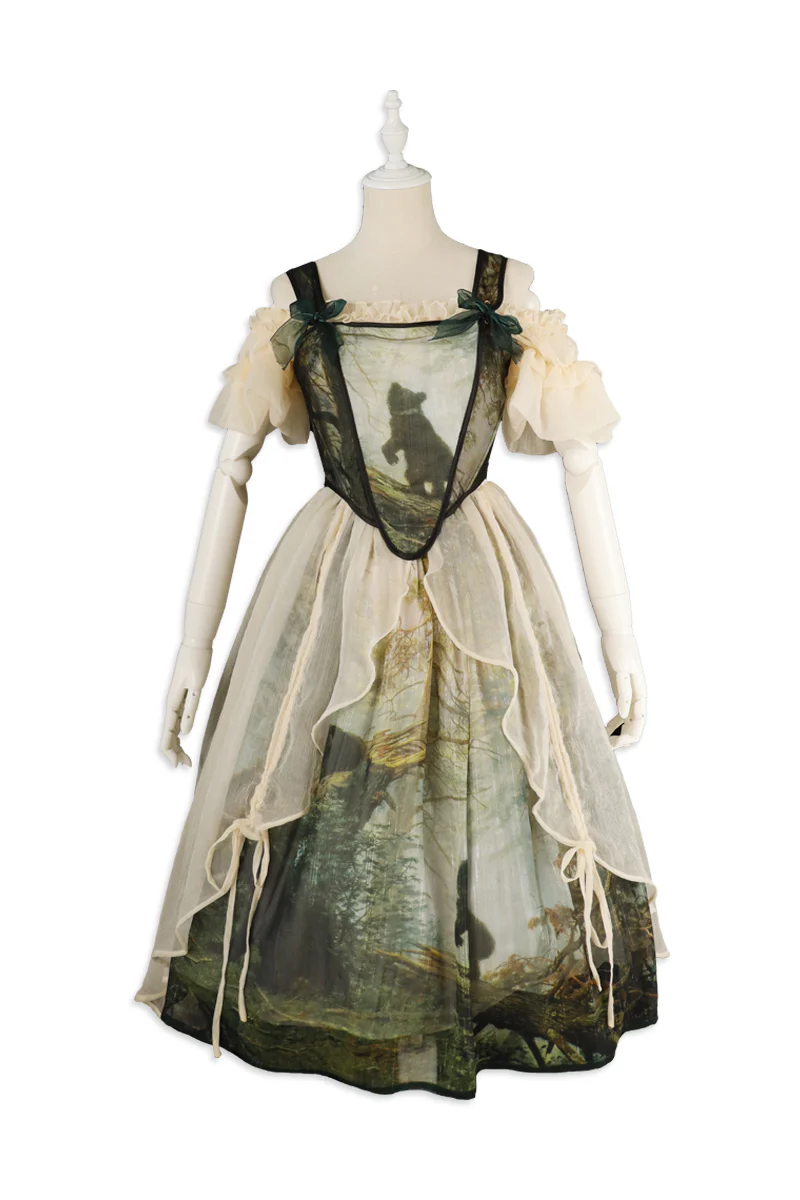 Cyan - Morning of Pine Forest - Elegant Lolita Bear Print Skirt - Image 23