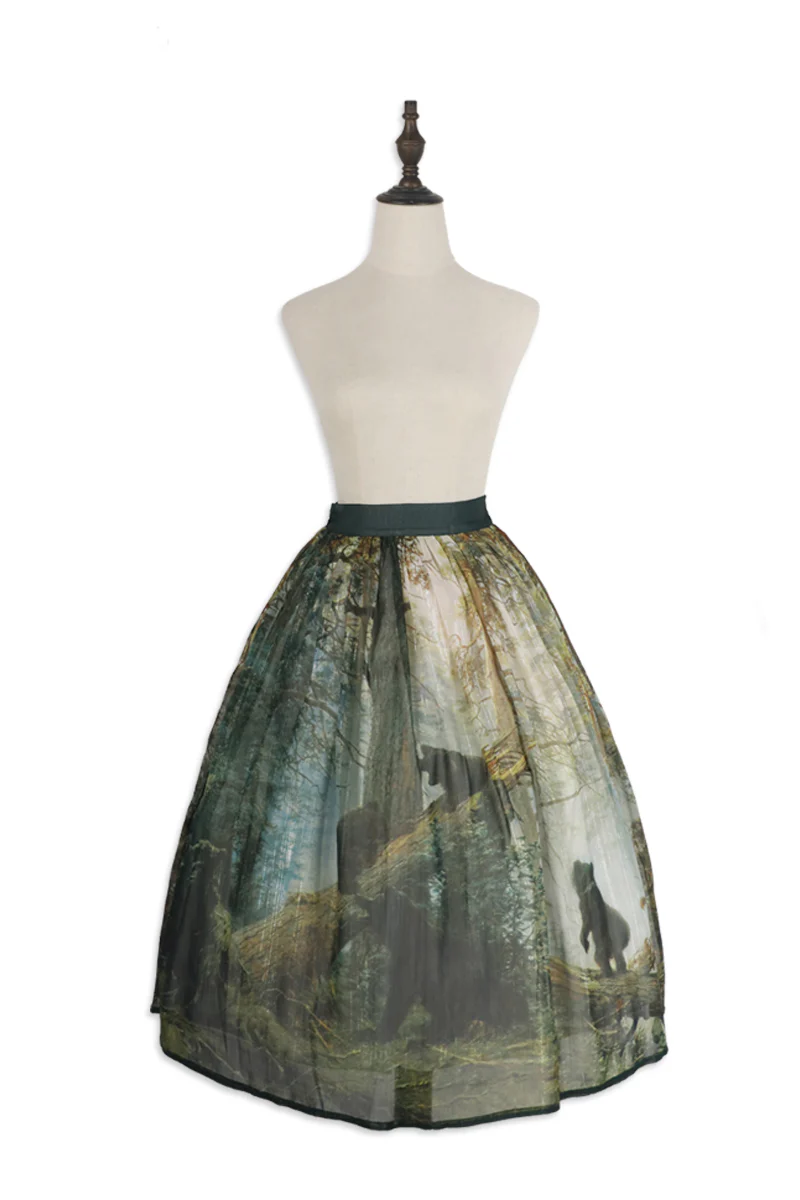 Cyan - Morning of Pine Forest - Elegant Lolita Bear Print Skirt - Image 25